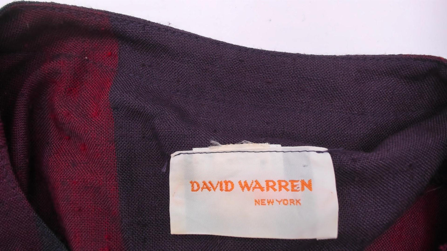 80s David Warren Plaid Midi Dress Purple Burgundy Puff Sleeve Cotton Large L