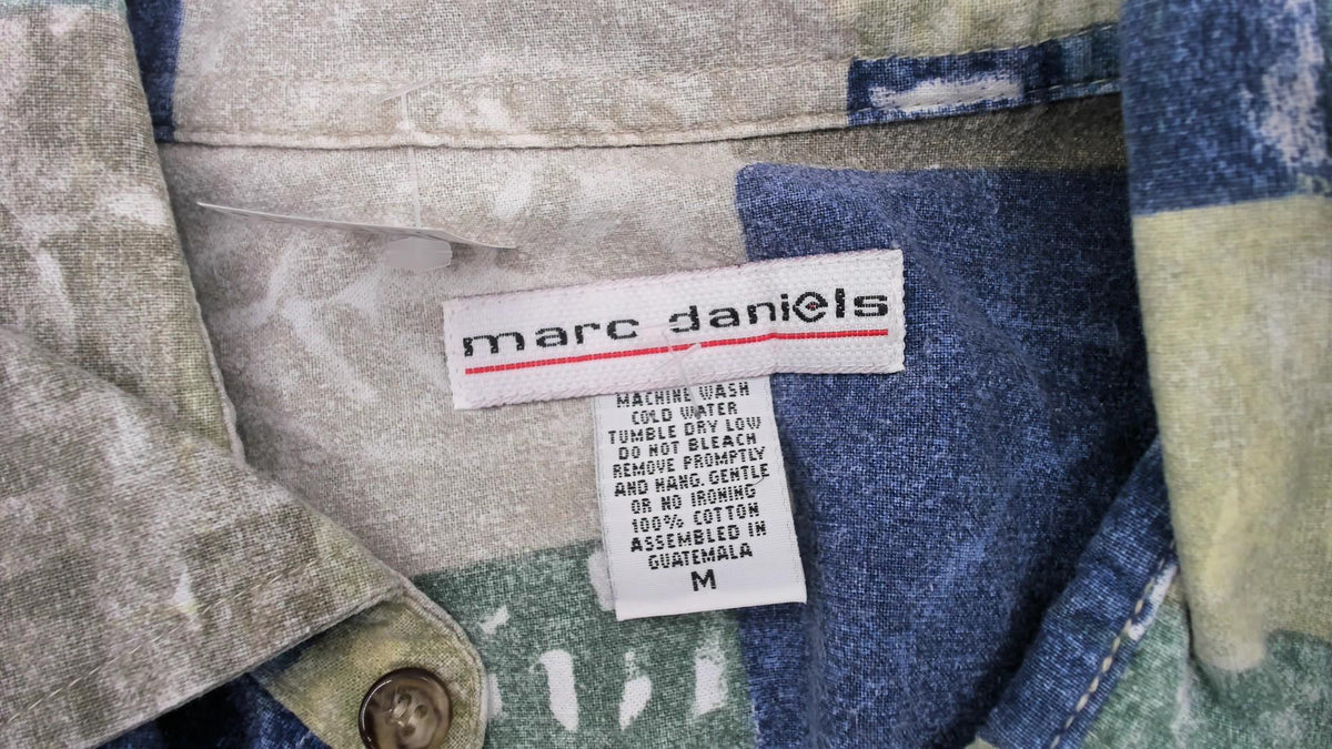 90s Marc Daniels Patchwork Print Button Shirt Cotton Geometric Blue Sage Medium