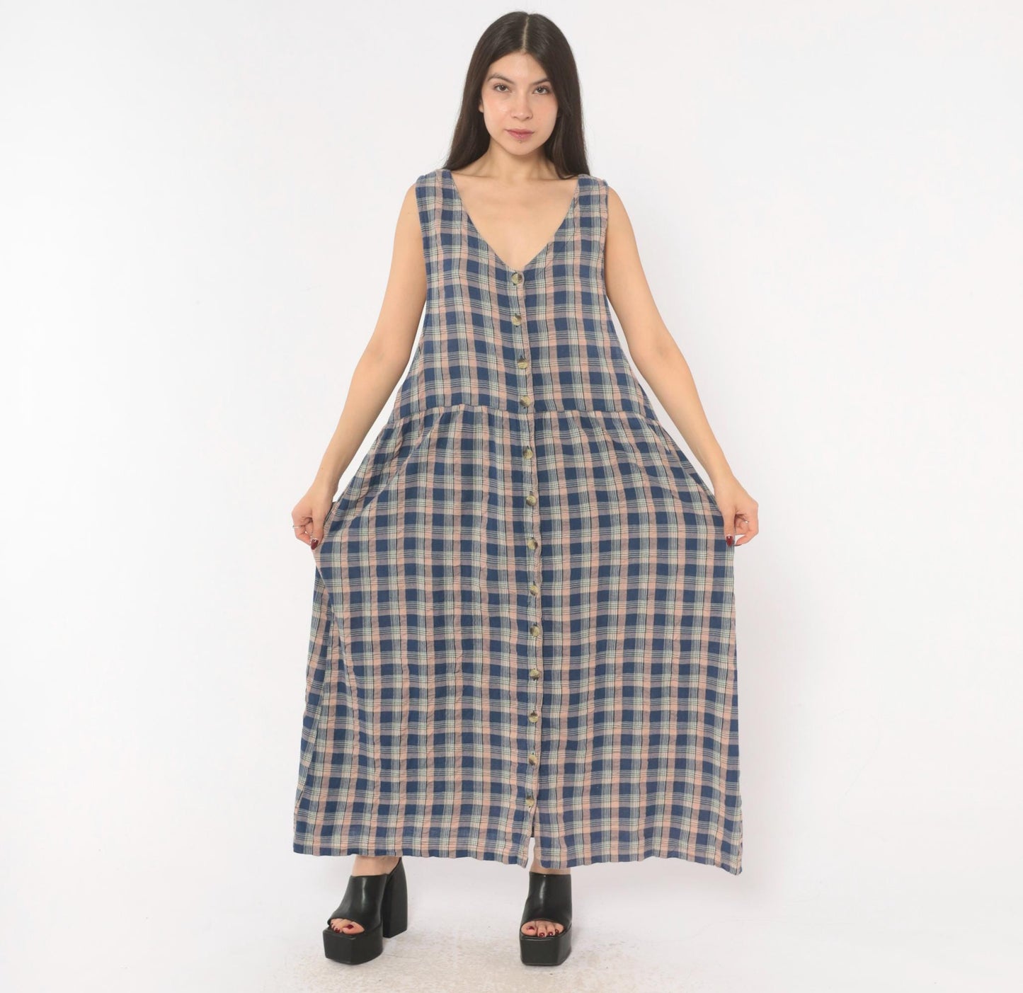 90s Lauren Brooke Plus Plaid Maxi Dress Button Front Cotton Blue Pink 1X