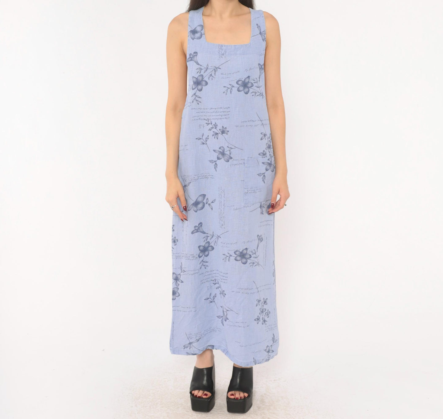 2000s Sweet Jessie Periwinkle Linen Maxi Dress Botanical Print Square Neck Medium M