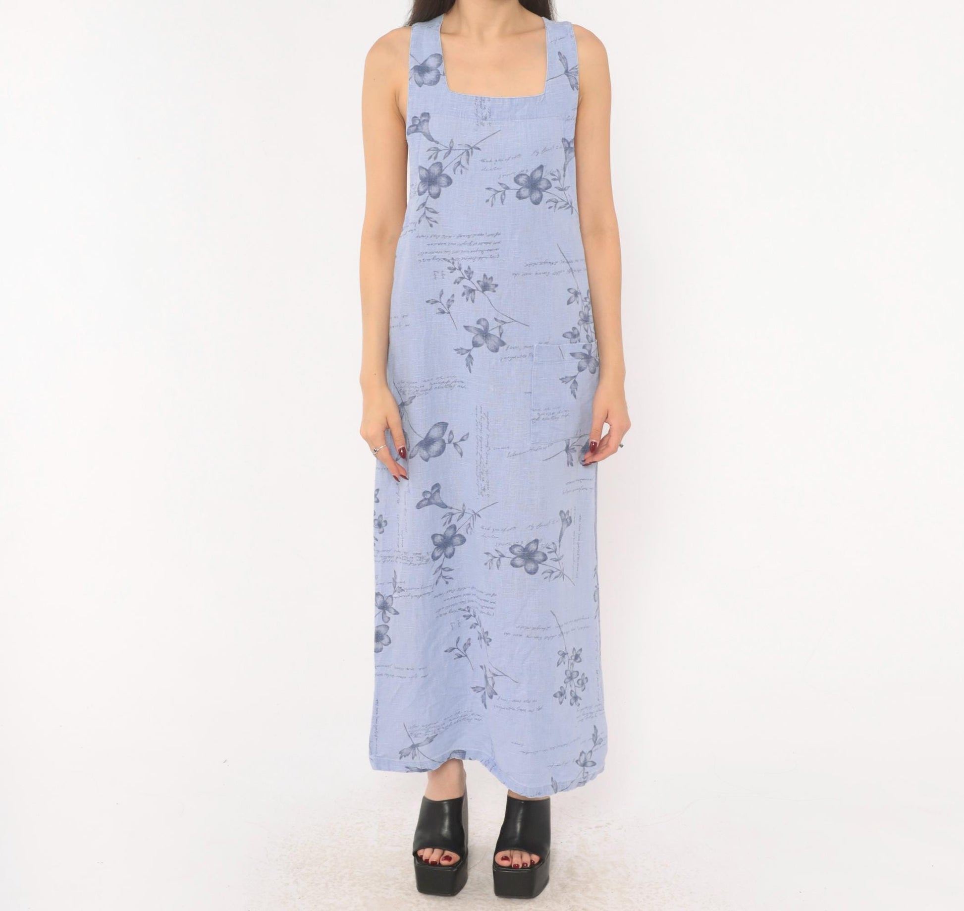 2000s Sweet Jessie Periwinkle Linen Maxi Dress Botanical Print Square Neck Medium M