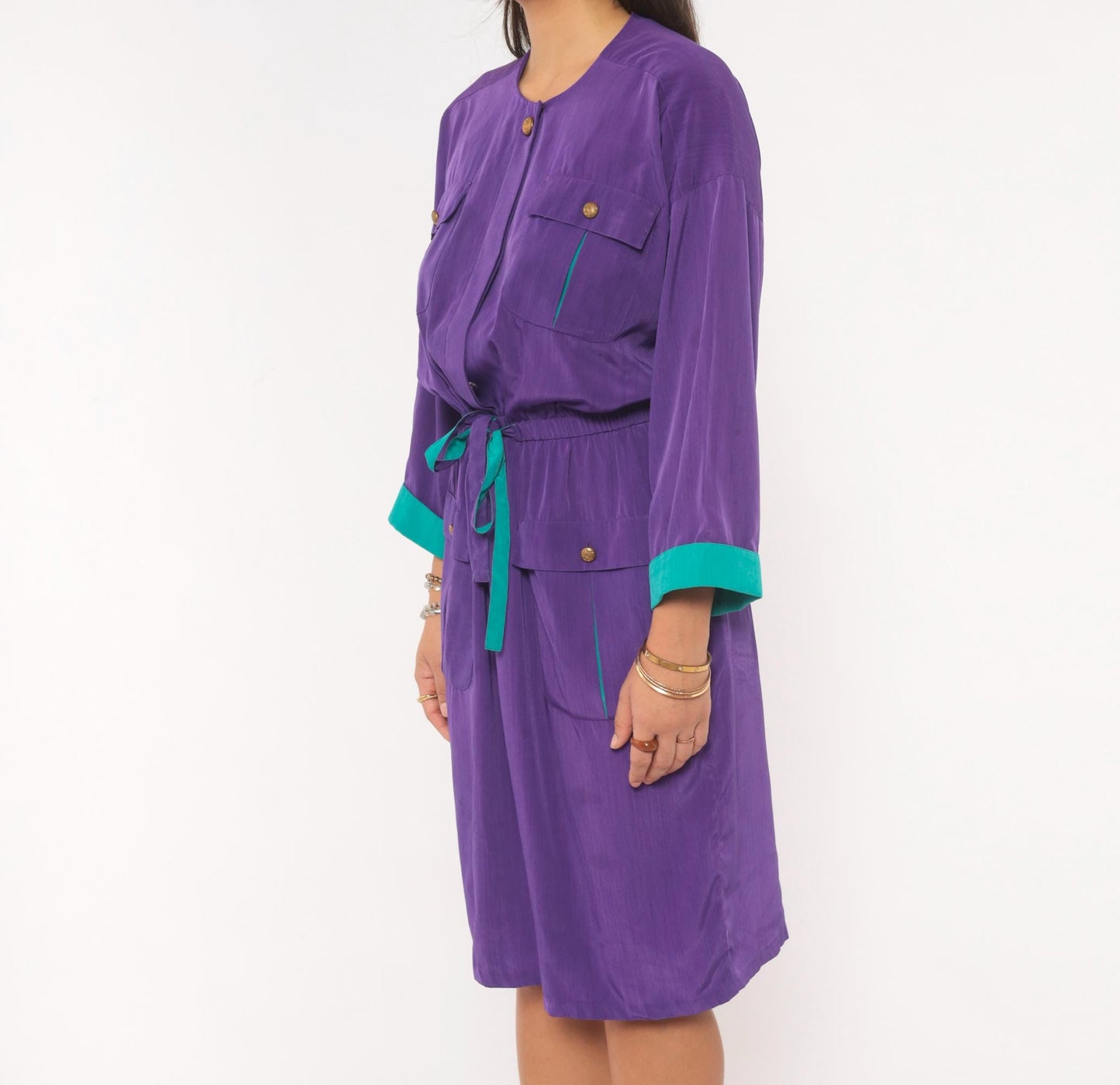 80s Leslie Fay Purple Safari Dress Knee-Length Utility Pockets Teal Trim Medium