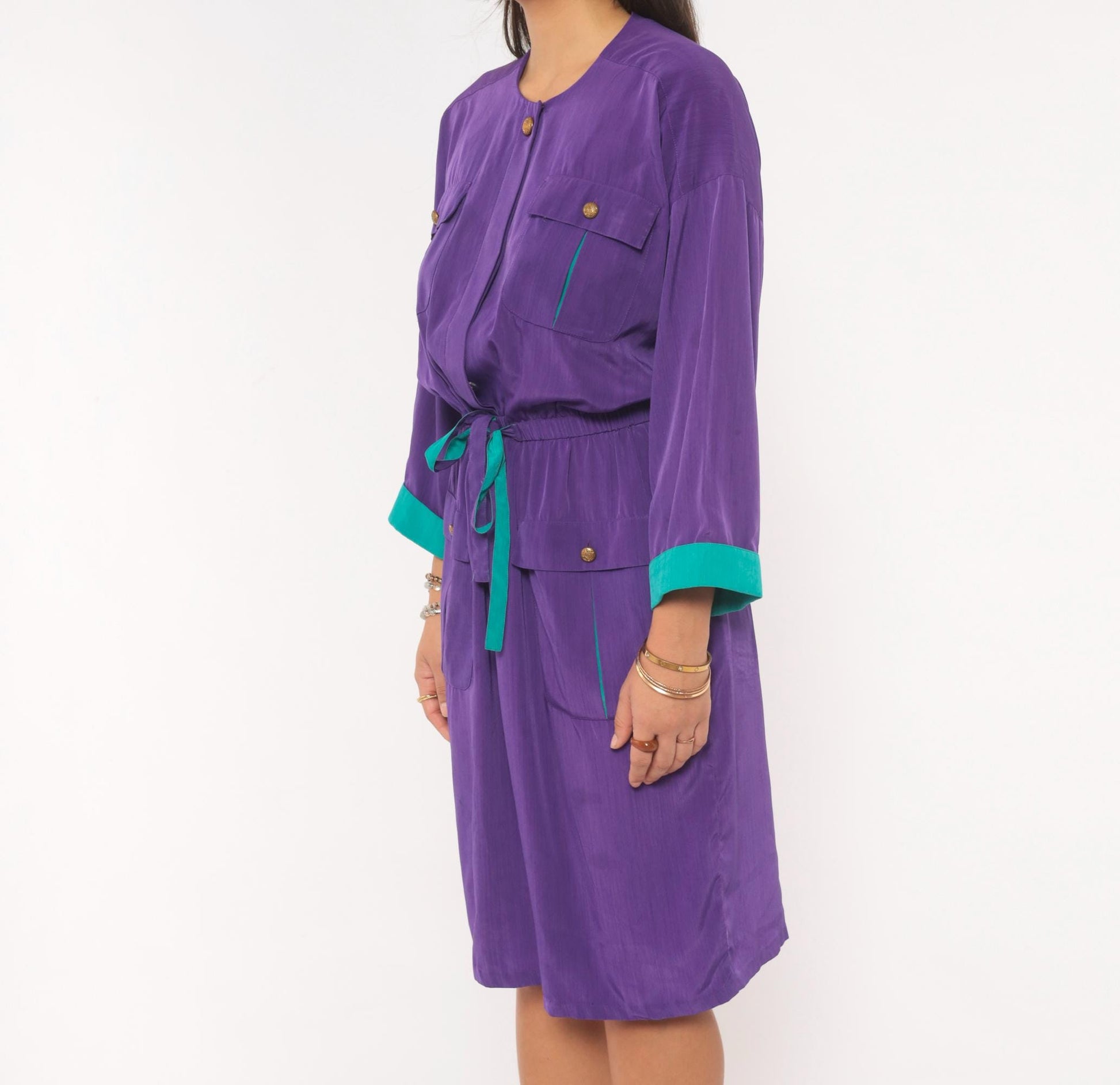 80s Leslie Fay Purple Safari Dress Knee-Length Utility Pockets Teal Trim Medium