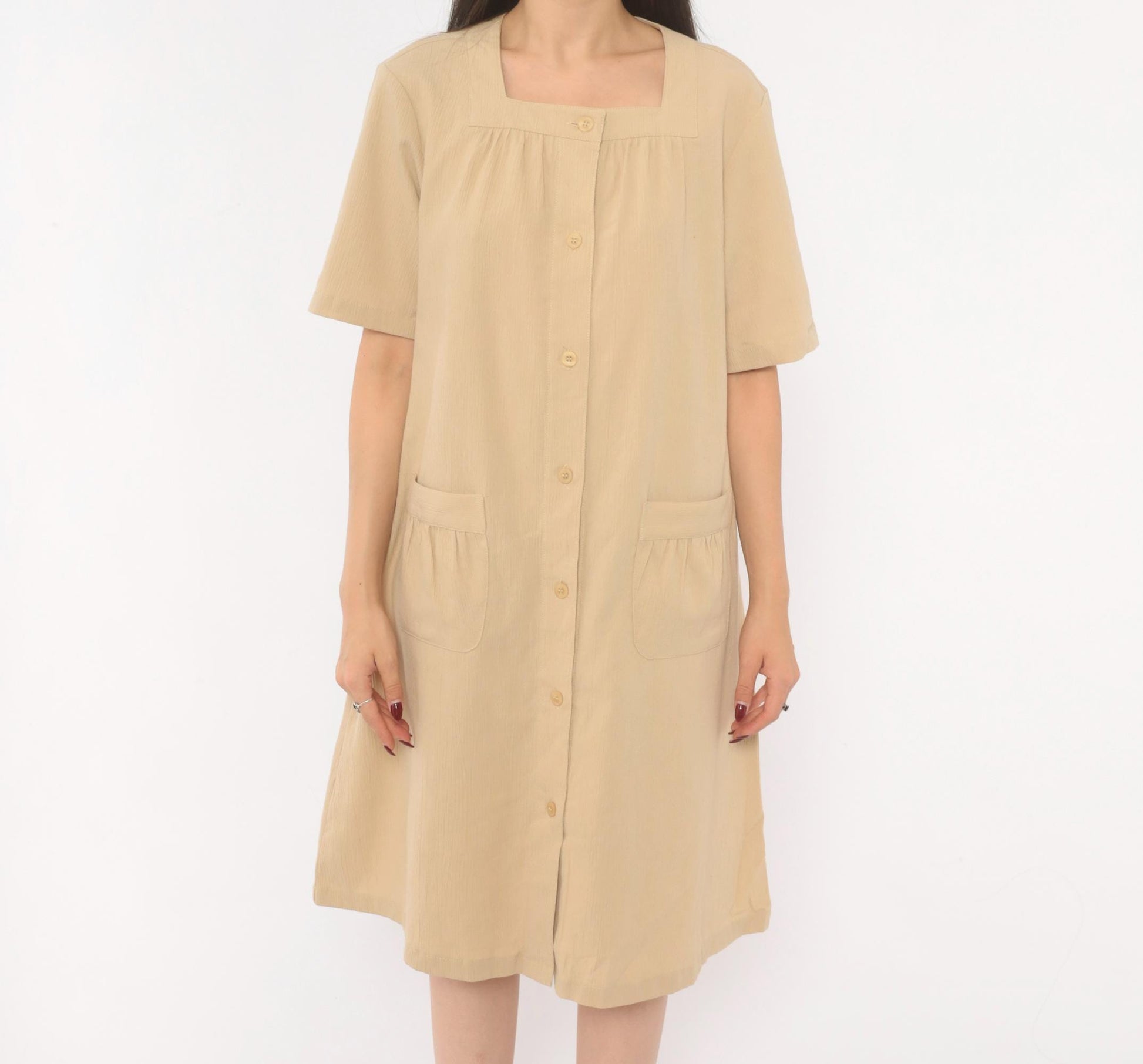 2000s The Tog Shop Petites Button Front Shift Dress Tan Square Neck Medium