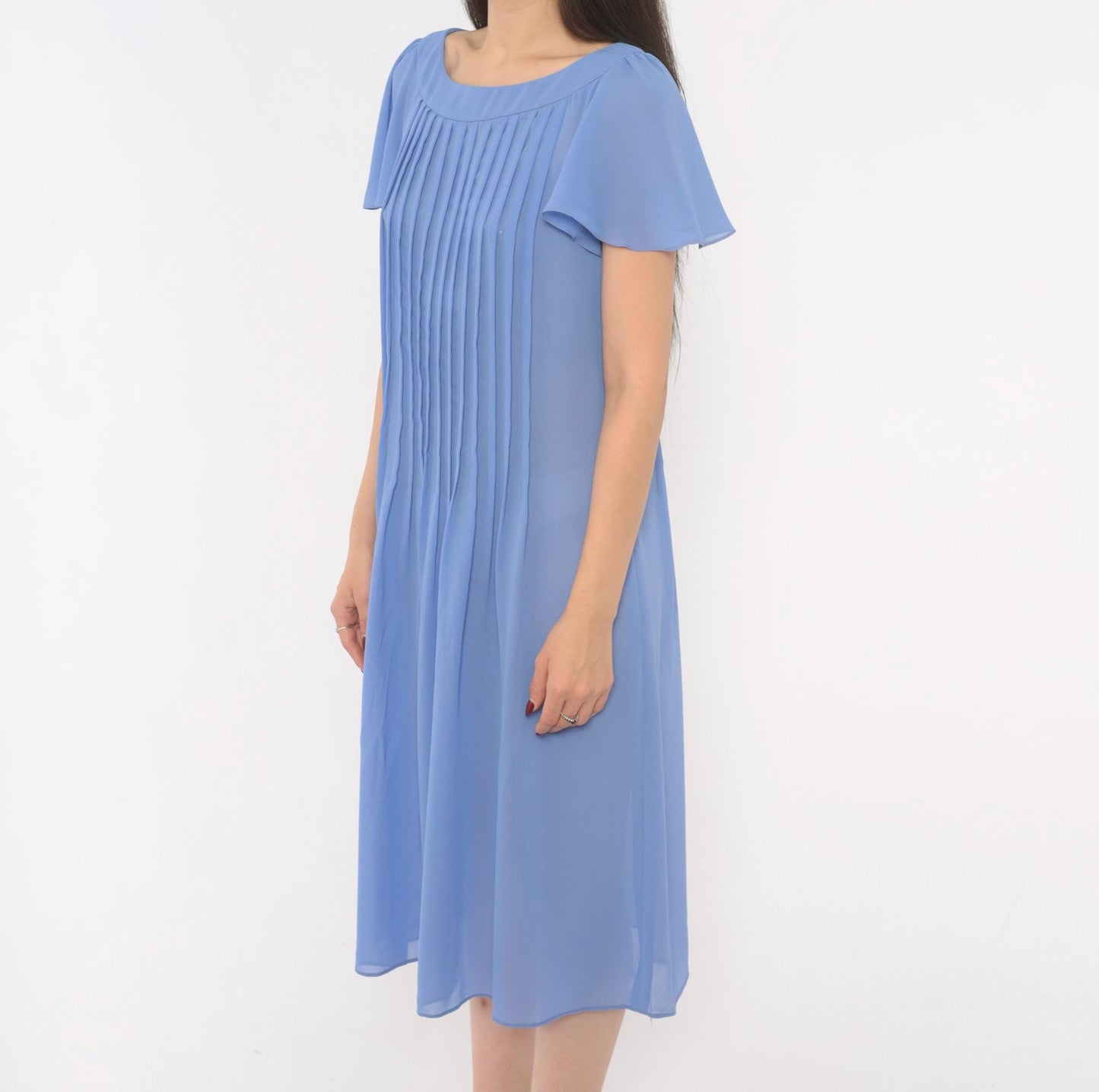80s David Morris Periwinkle Pintuck Midi Dress Flutter Sleeve Small