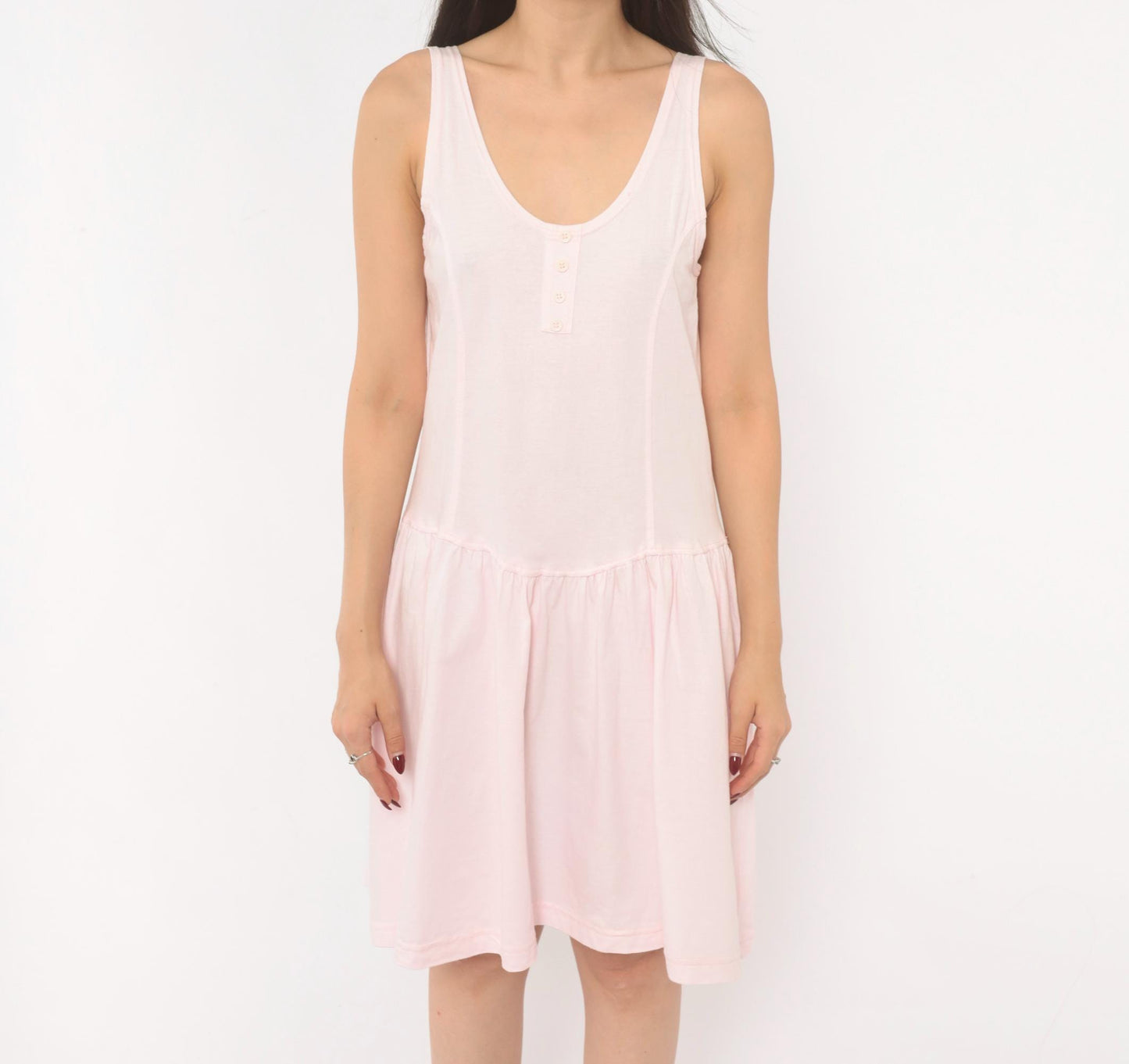 90s Cest Joti Blush Cotton Sundress Drop Waist Henley Neckline Small