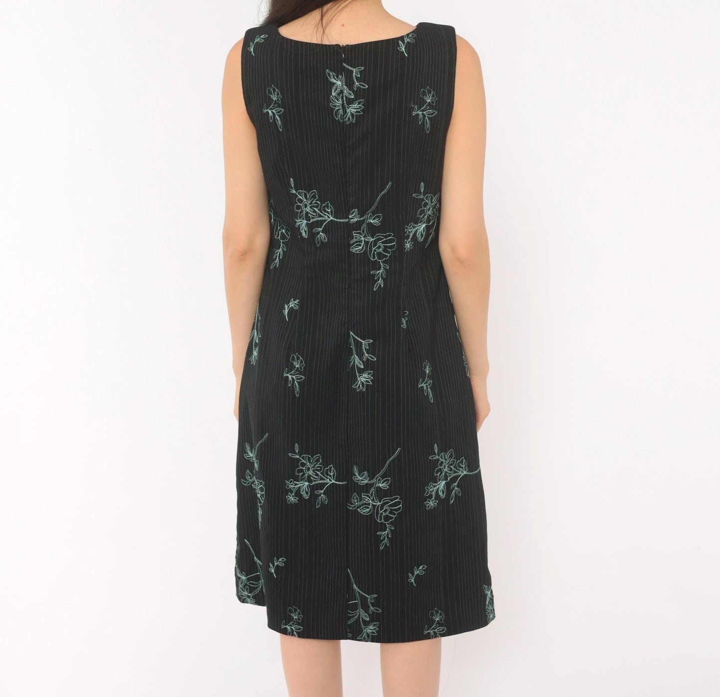 90s Rabbit Black Floral Embroidered A-Line Dress Blue Pinstripe Medium M
