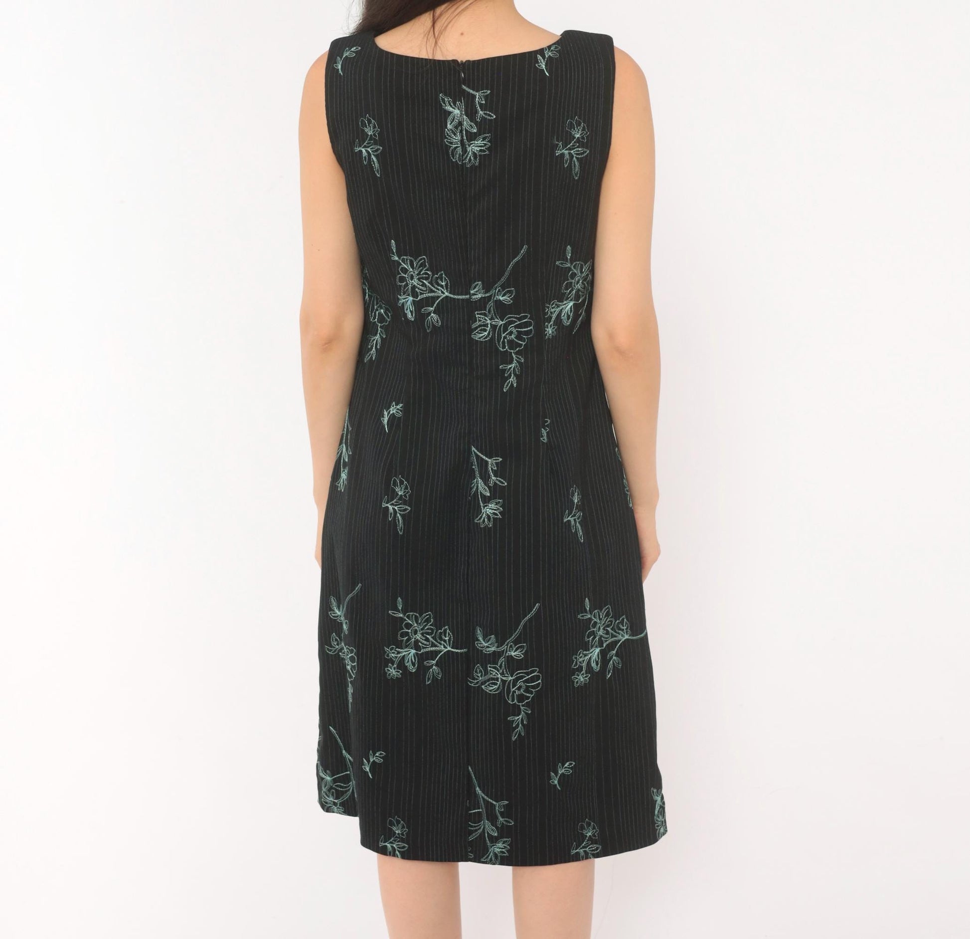 90s Rabbit Black Floral Embroidered A-Line Dress Blue Pinstripe Medium M