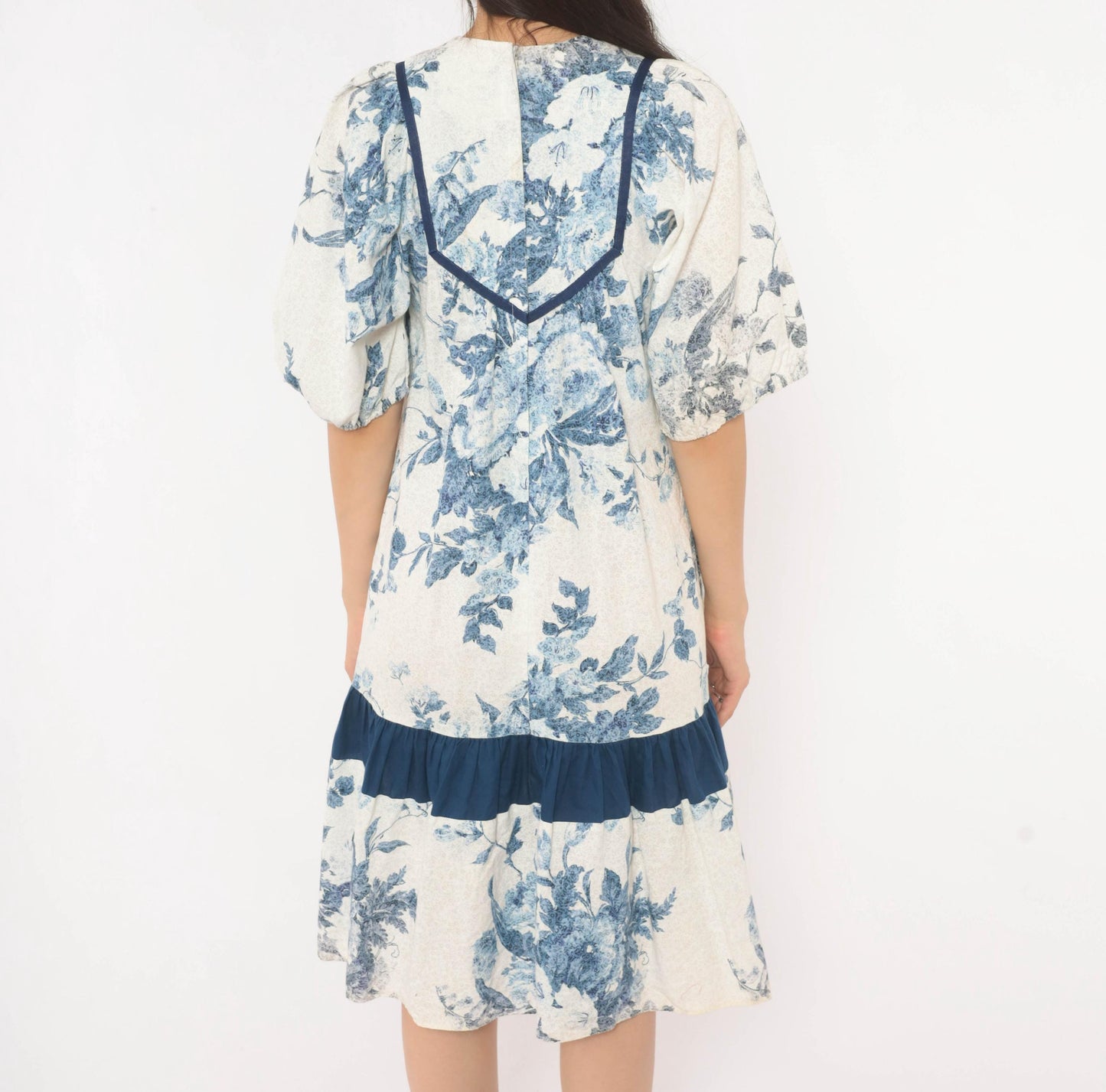 80s Liberty House Blue Floral Toile Cotton Dress V-Neck Puff Sleeve Extra Small XS