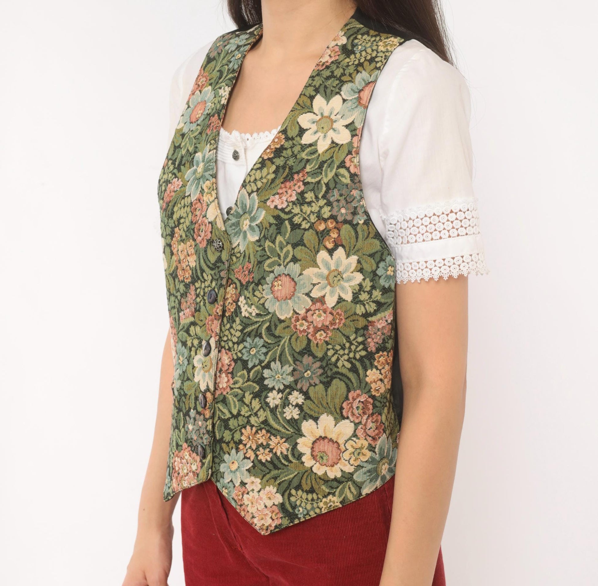 90s Di Di Scott Floral Tapestry Vest Button Front V Neck Olive Green Pink Small