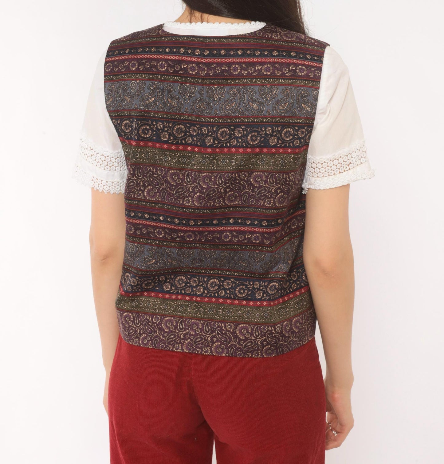90s Talbots Paisley Silk Vest V-Neck Plum Navy Jacquard Medium M
