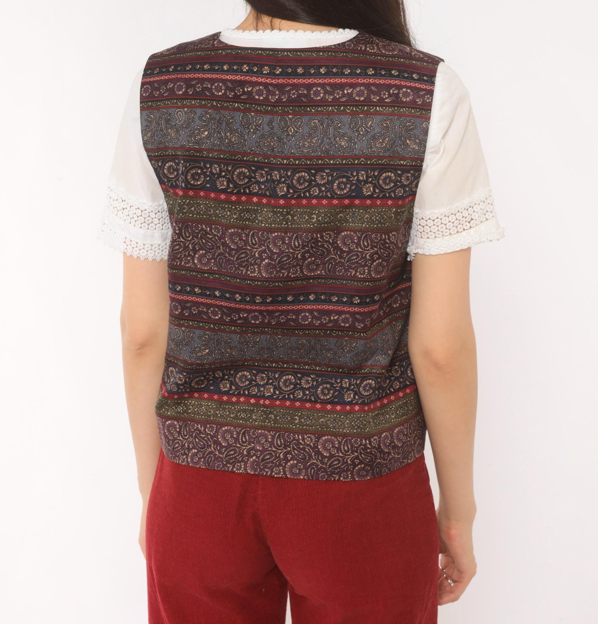 90s Talbots Paisley Silk Vest V-Neck Plum Navy Jacquard Medium M