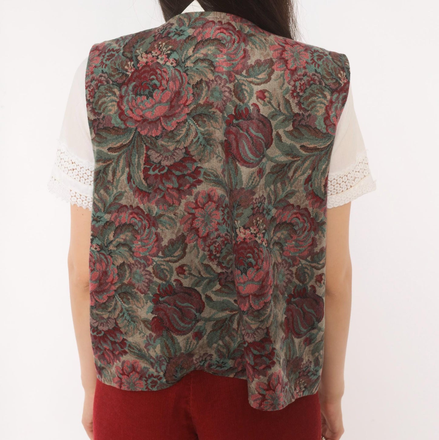 90s Floral Tapestry Vest Burgundy Teal Rose Jacquard Button Front Large L