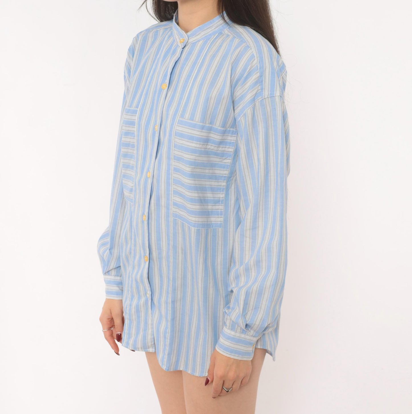 90s Gap Blue White Striped Shirt Band Collar Cotton Blouse Medium M