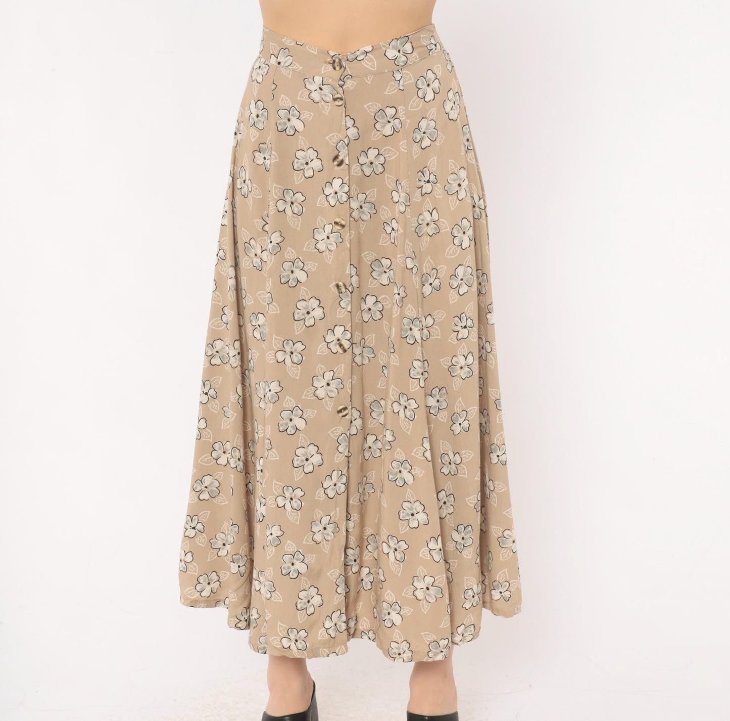90s Tan Floral Maxi Skirt A-Line Button Front Elastic Waist Medium