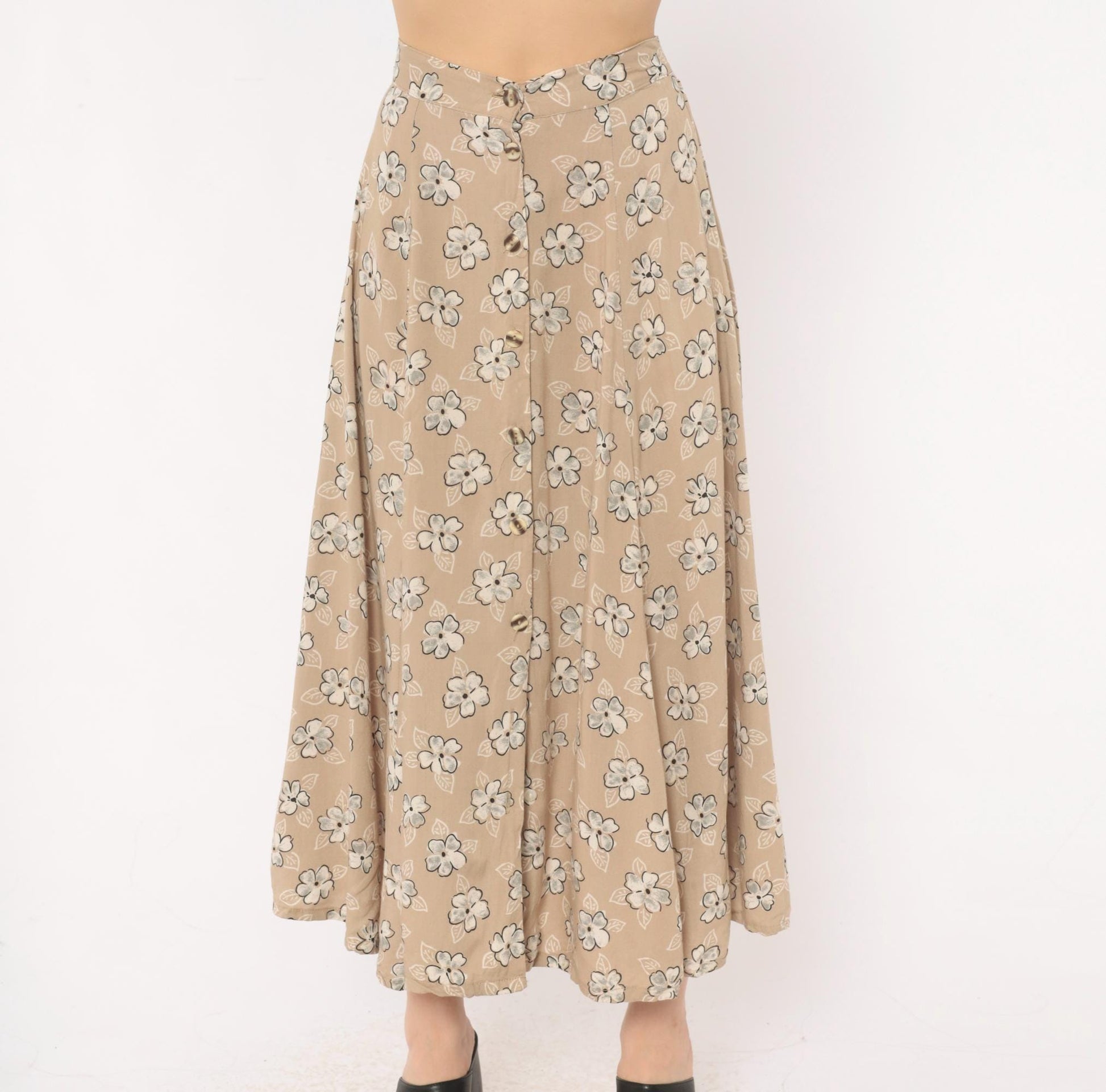 90s Tan Floral Maxi Skirt A-Line Button Front Elastic Waist Medium