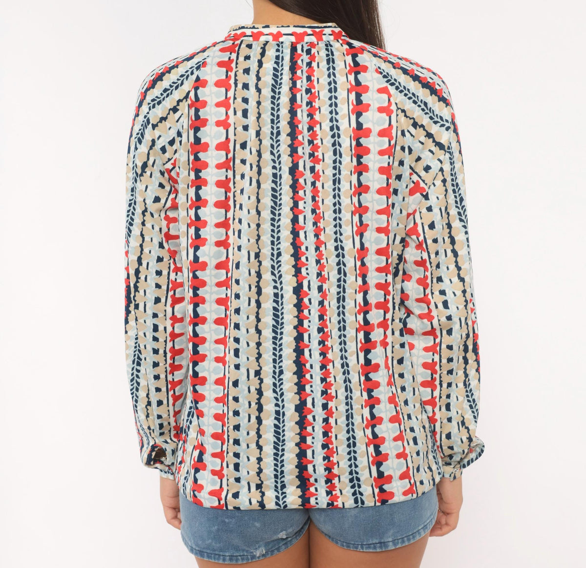 70s Cricket Lane Mandarin Collar Blouse Red Navy Leaf Print Medium