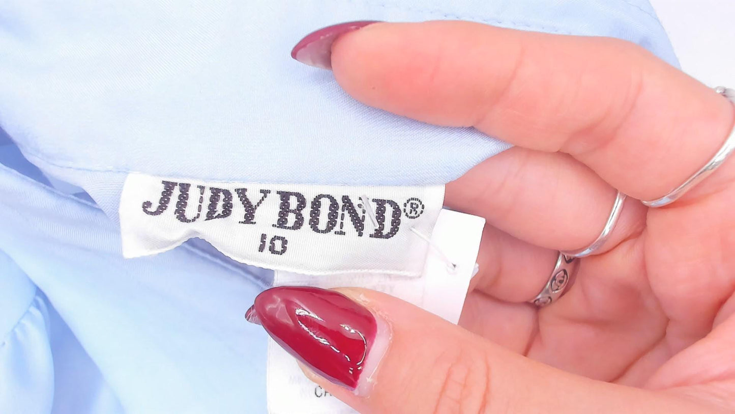 70s Judy Bond Sky Blue Pussy Bow Blouse Puff Sleeve Pintuck Medium