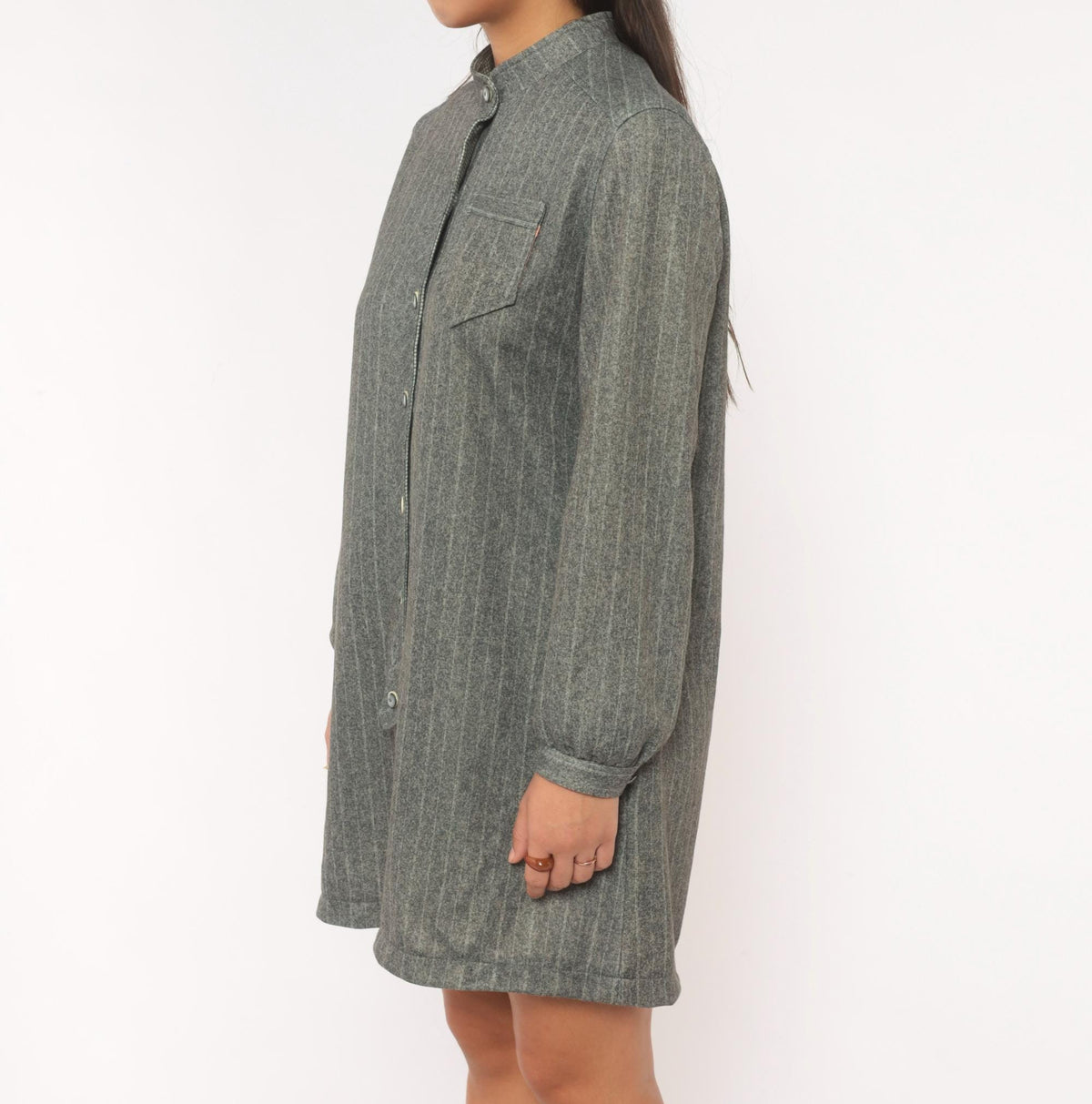 60s Tina's Pinstripe Shirt Dress Grey Mandarin Collar Medium M