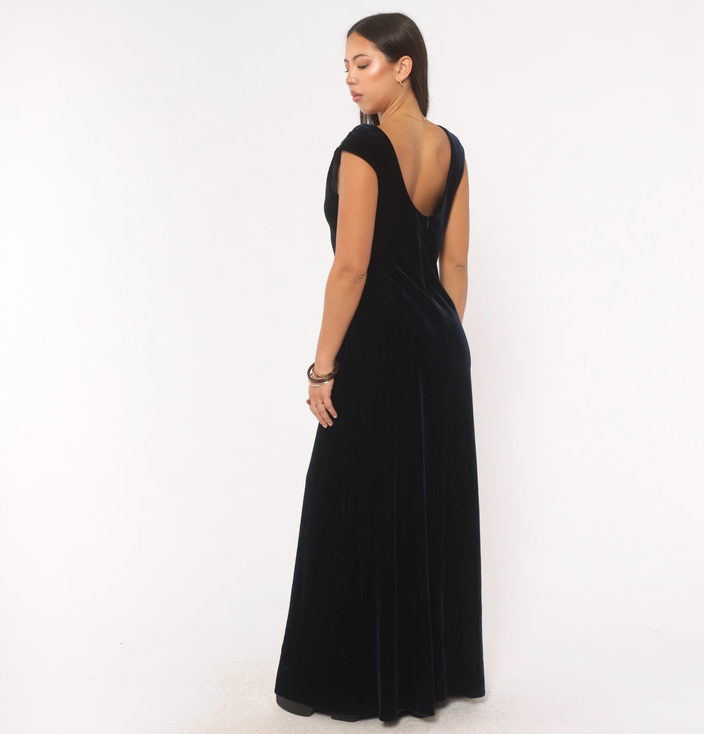 90s J. R. Nites Navy Velvet Gown Beaded Sequin Cap Sleeve Boat Neck Medium