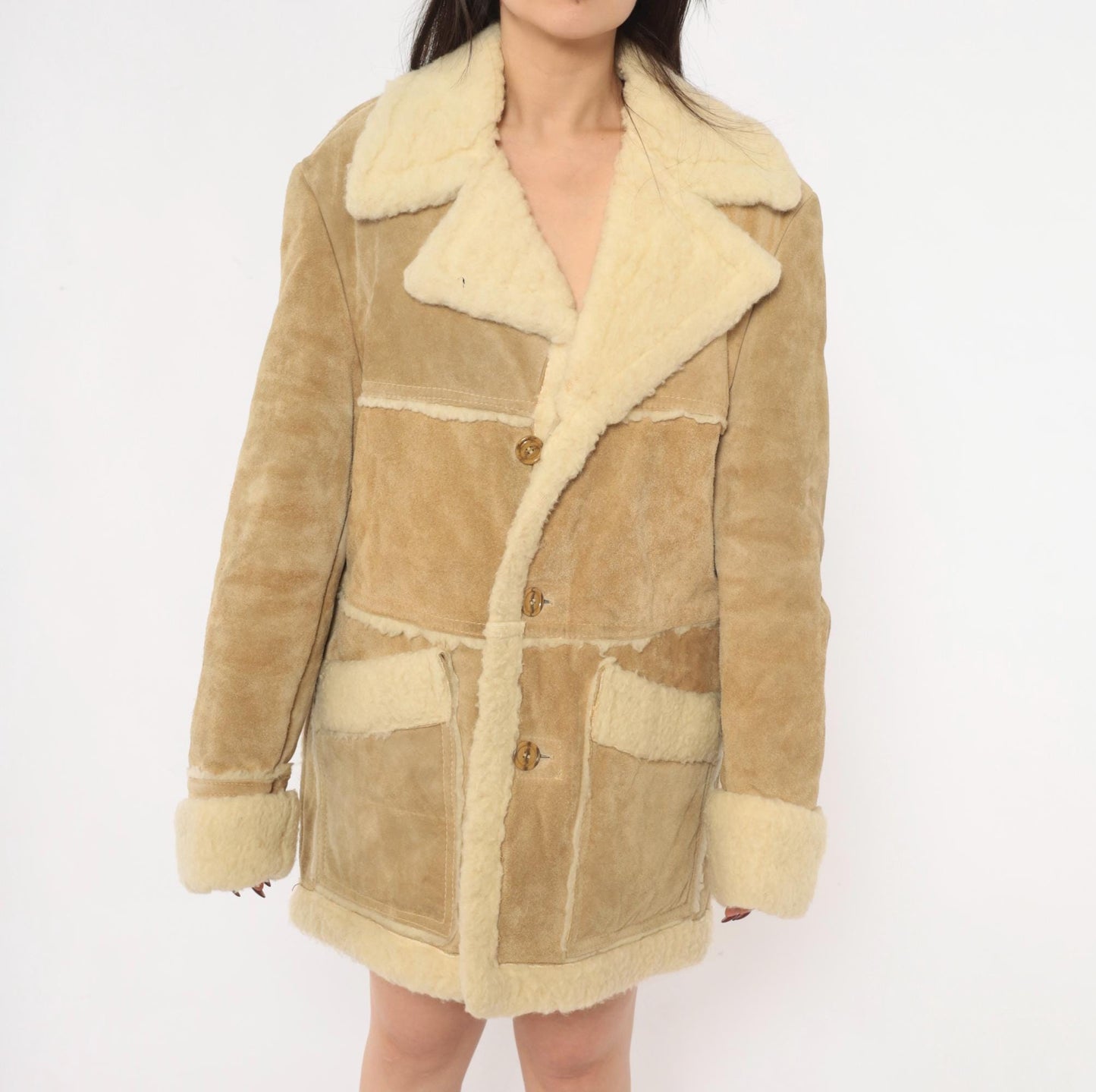70s Tan Suede Shearling Jacket Wool Lined Cream Sherpa Collar Extra Large XL