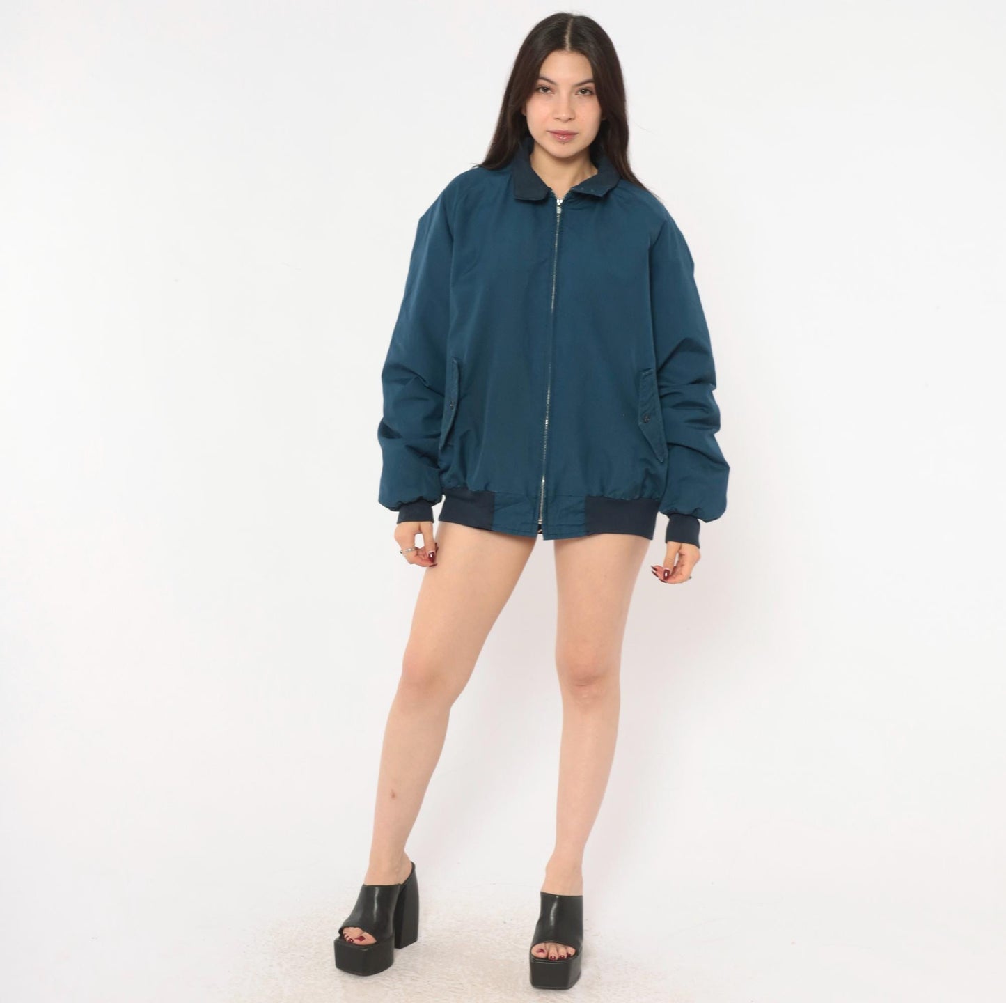 80s Sportsmaster Navy Harrington Bomber Jacket Zip Front Large L