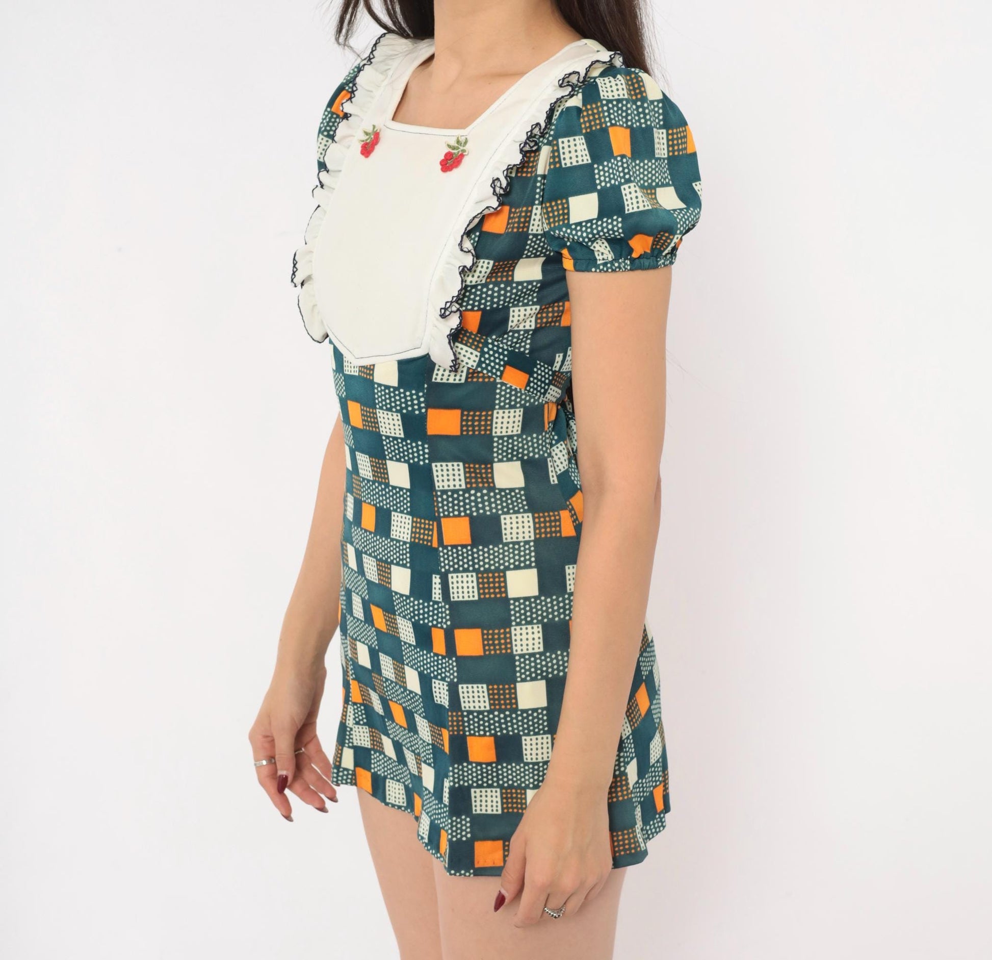 70s Navy Mini Dress Cherry Embroidered Geometric Puff Sleeve Bib Front Extra Small