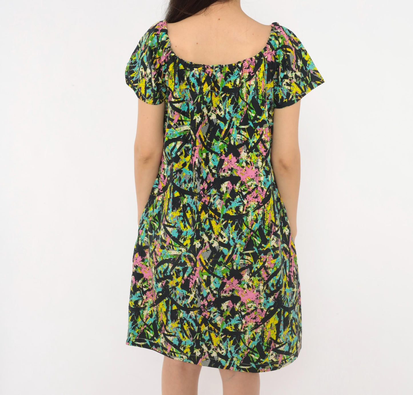 70s Splatter Paint Shift Dress Abstract Print Cotton A-Line Medium