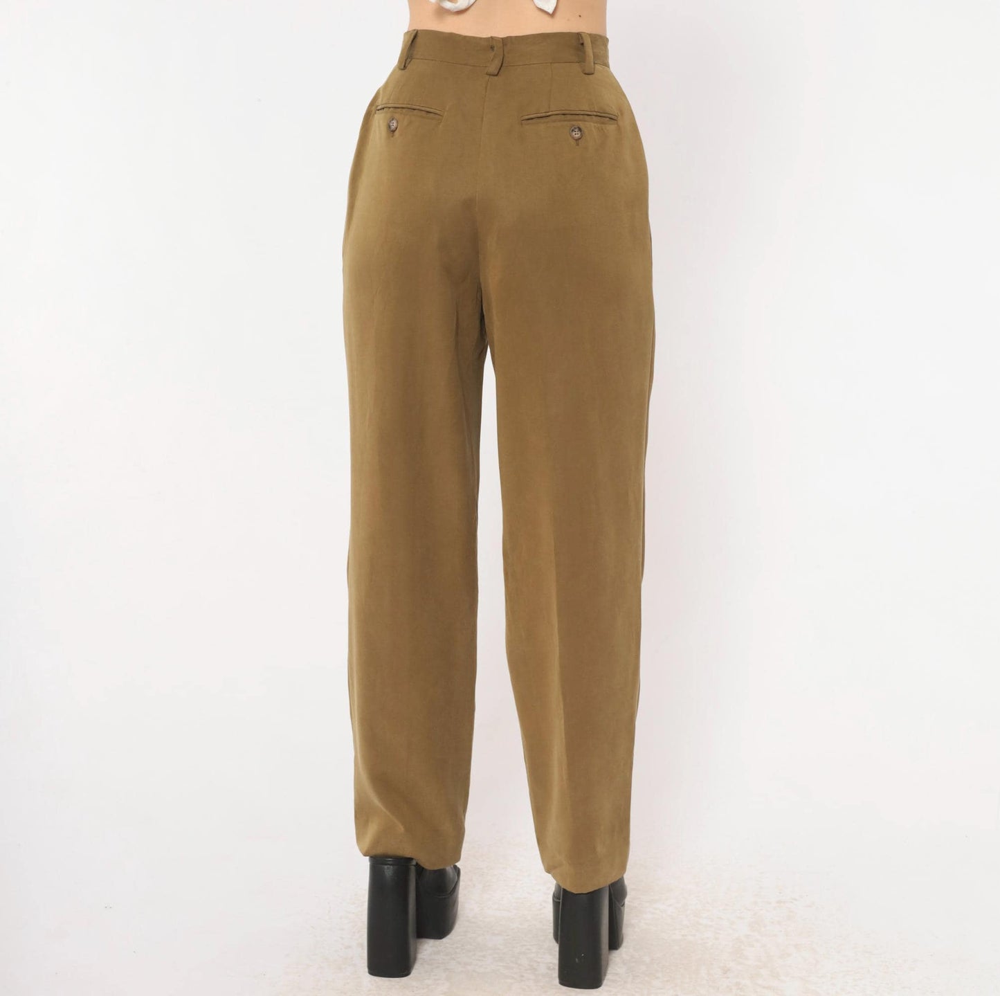 90s Pleated High-Waist Trousers Olive Tapered Leg Front Pleat Extra Small XS