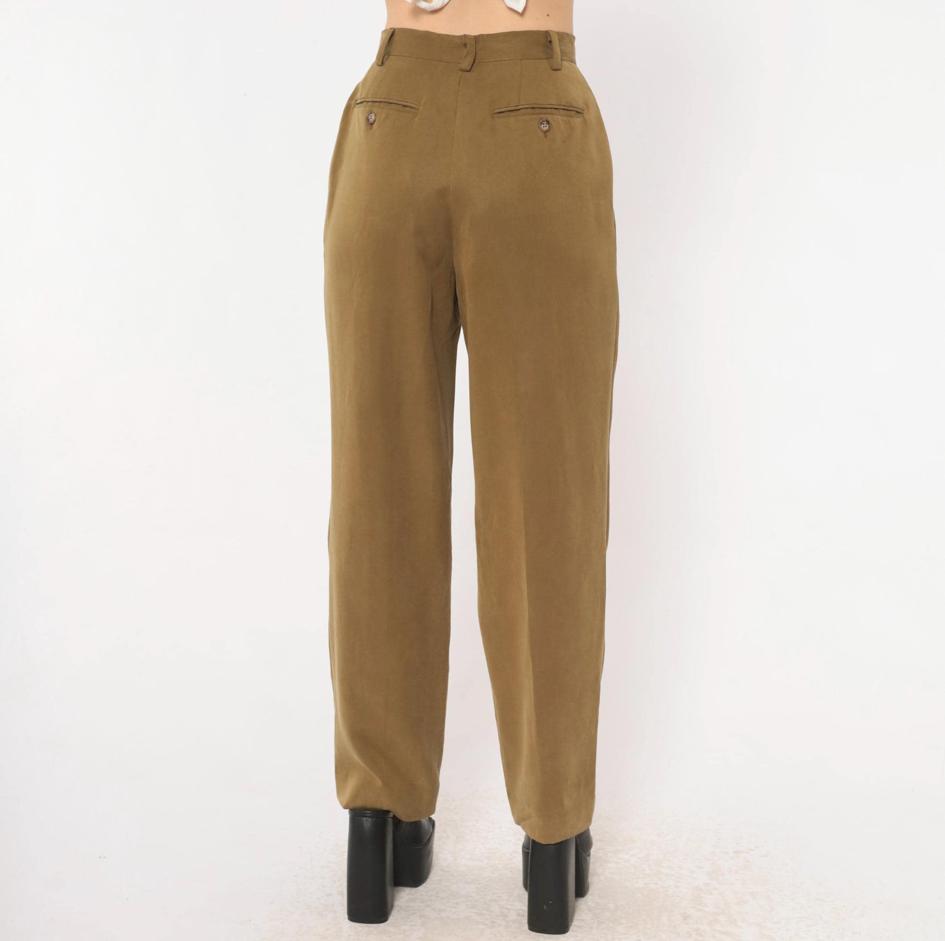 90s Pleated High-Waist Trousers Olive Tapered Leg Front Pleat Extra Small XS