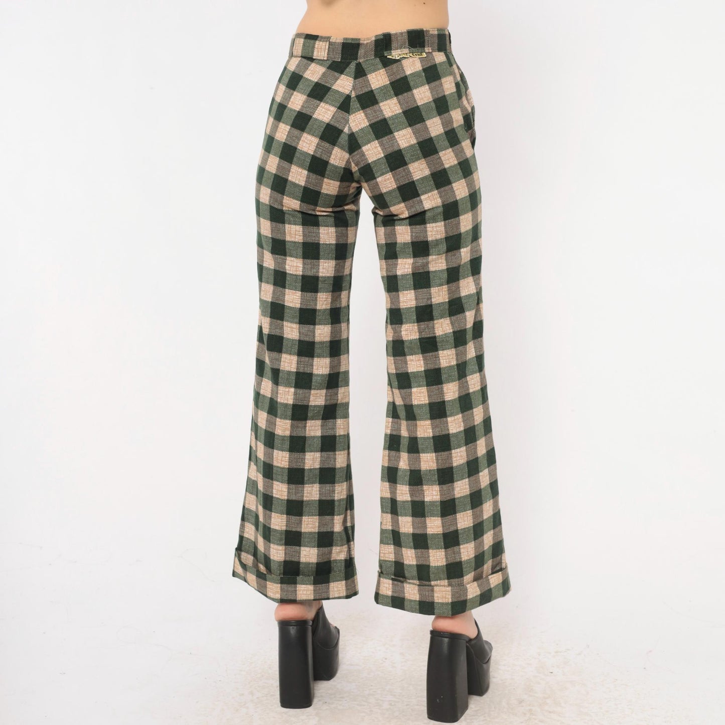 70s Tale Lord Green Tan Buffalo Check Flare Pants High Waist Extra Small XS