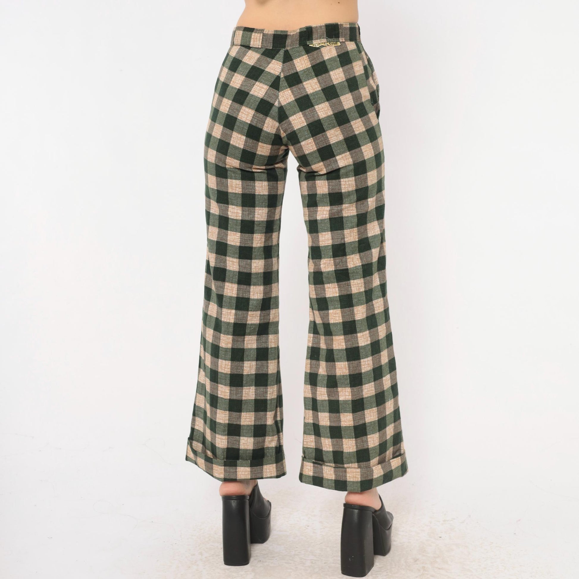 70s Tale Lord Green Tan Buffalo Check Flare Pants High Waist Extra Small XS