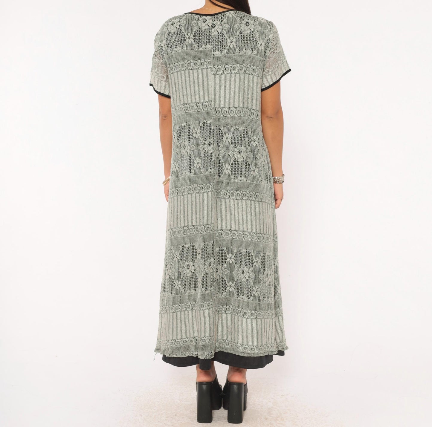 90s Grey Diamond Lace Knit Maxi Dress A-Line Short Sleeve Large L