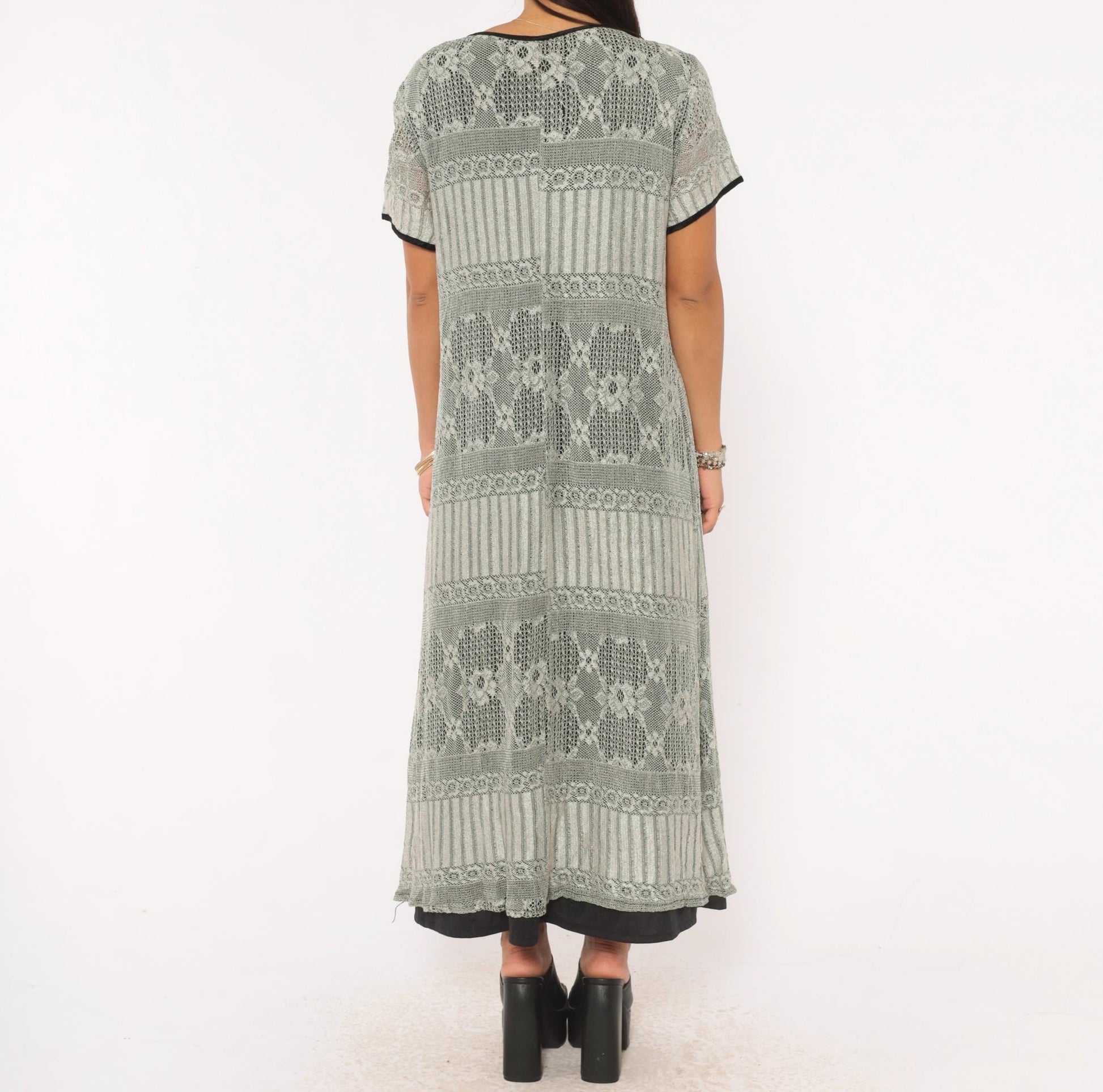 90s Grey Diamond Lace Knit Maxi Dress A-Line Short Sleeve Large L