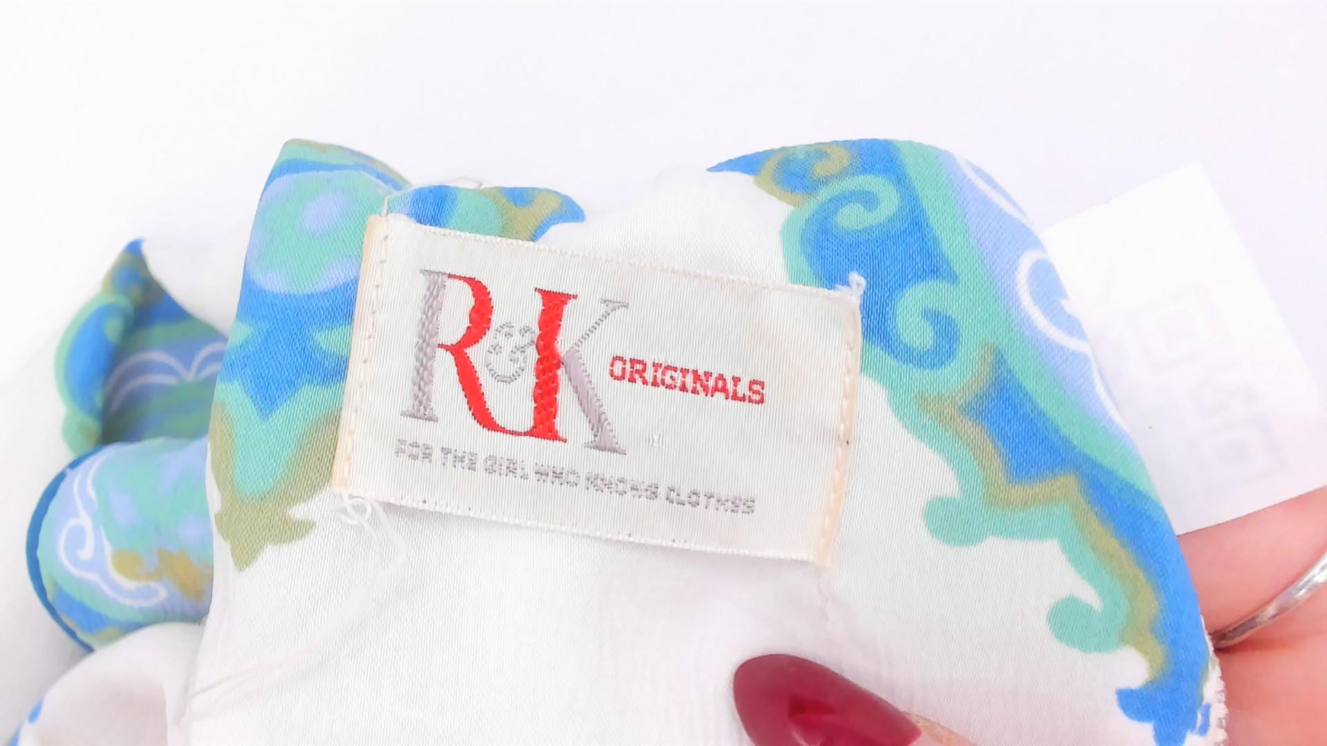 60s R & K Originals Medallion Print Dress Teal White Pleated A-Line Medium