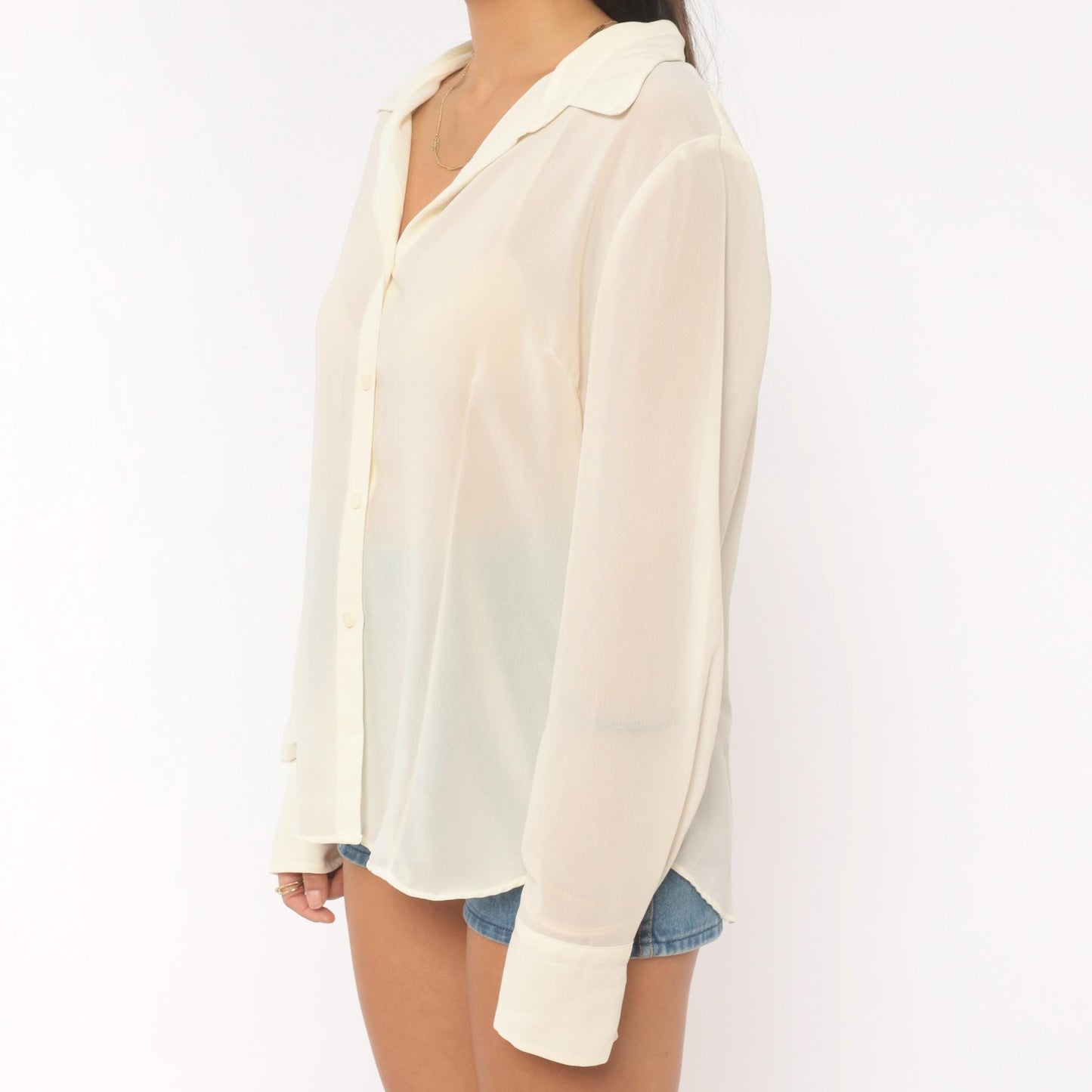 Y2K NY&Co Sheer Cream Button-Front Blouse Pointed Collar Long Sleeve Extra Large XL