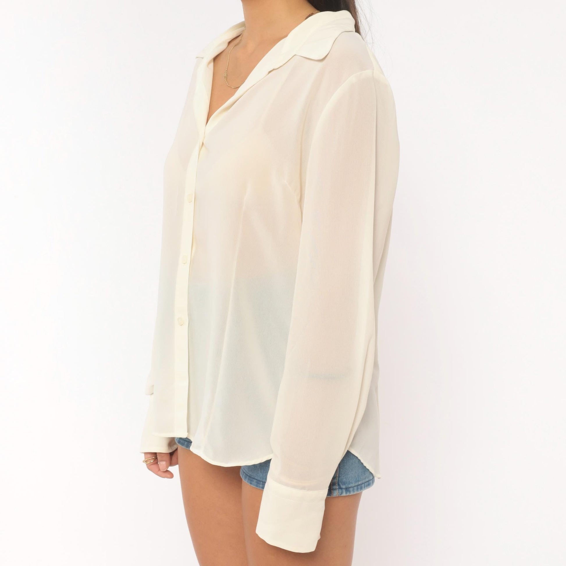 Y2K NY&Co Sheer Cream Button-Front Blouse Pointed Collar Long Sleeve Extra Large XL