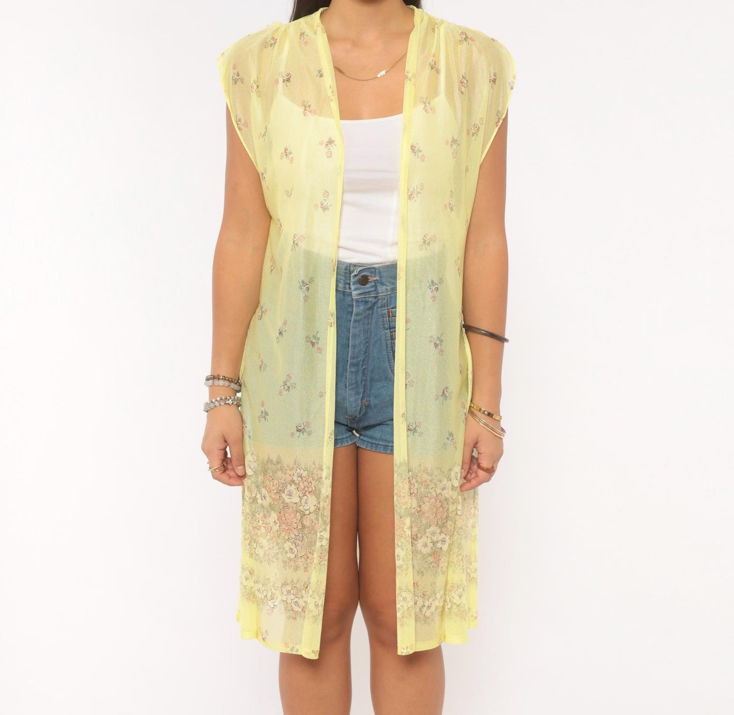 70s Yellow Sheer Floral Duster Cardigan Cap Sleeve Knee-Length Small