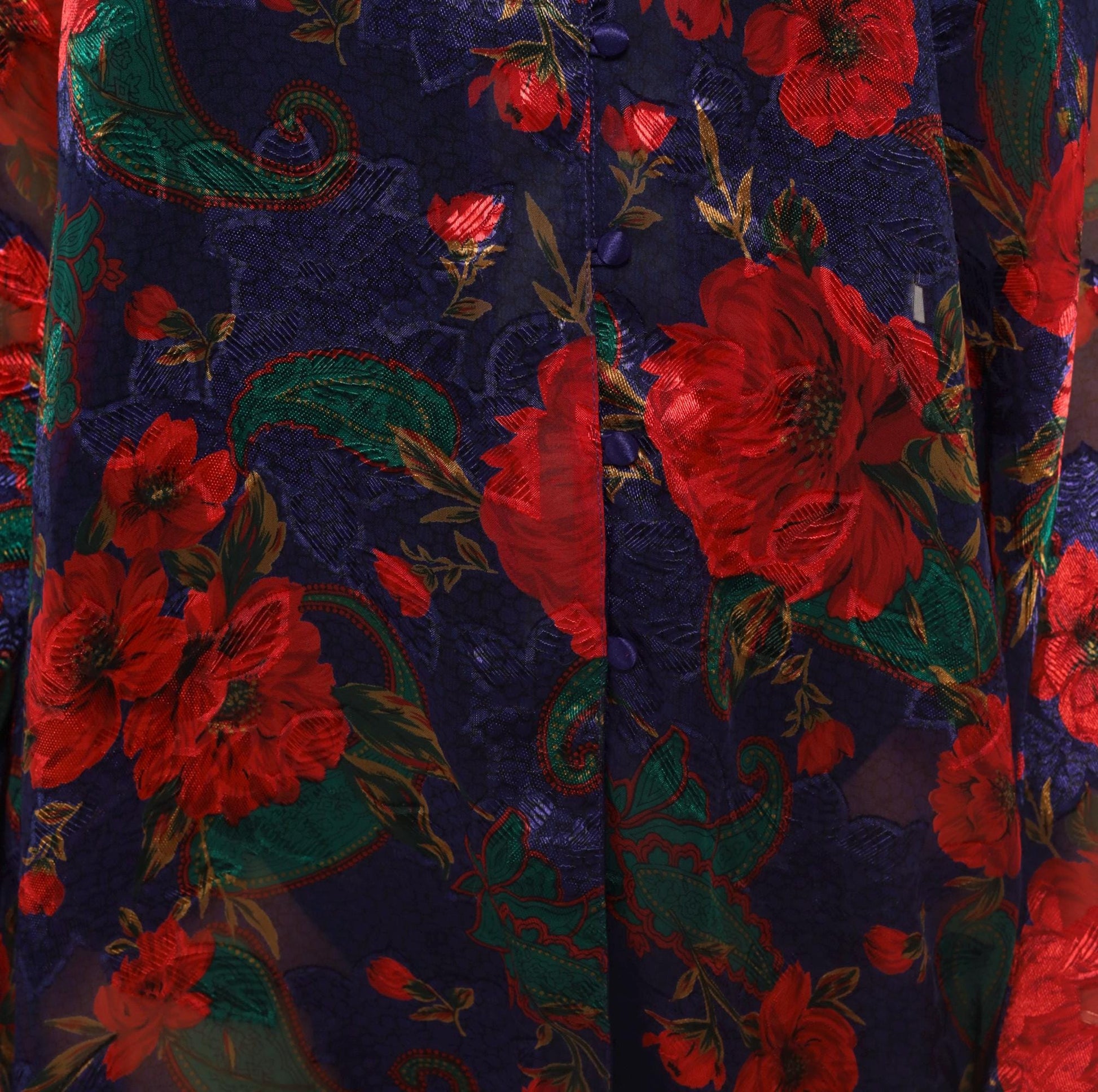90s Victoria's Secret Sheer Robe Navy Red Floral Bell Sleeve Button Front Medium