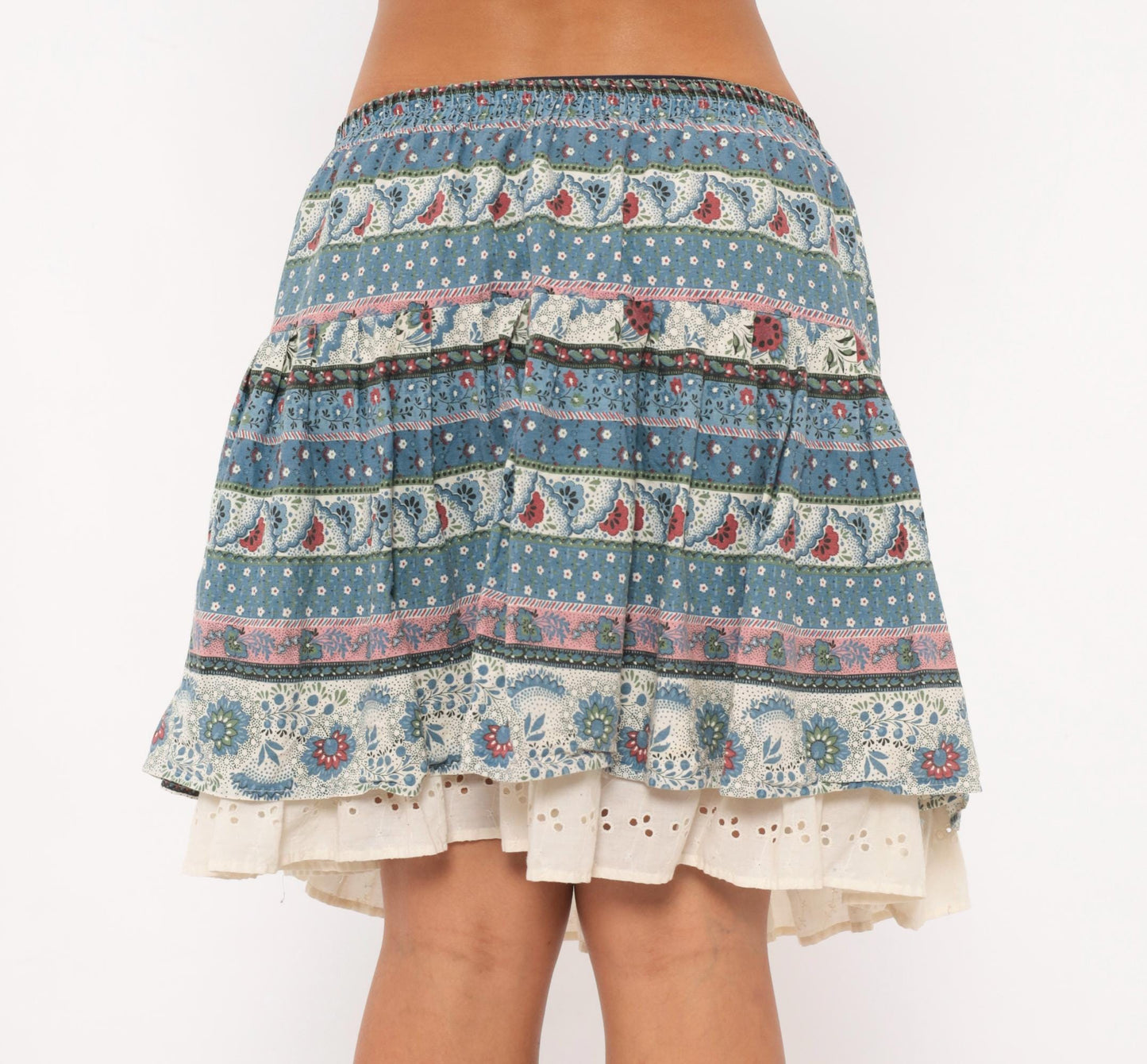 90s New Girls' Generation Tiered Prairie Skirt Blue Burgundy Floral Large L