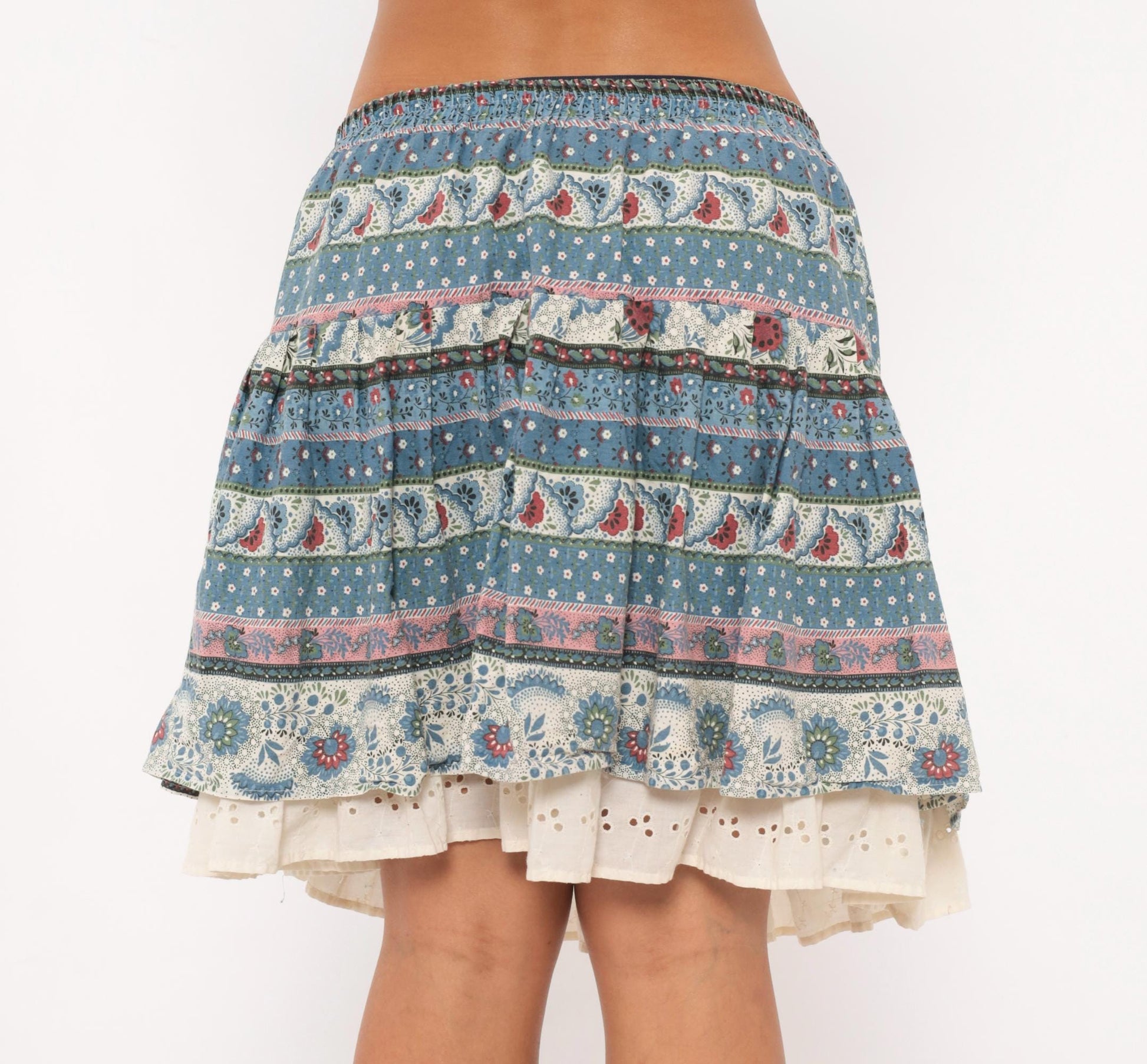 90s New Girls' Generation Tiered Prairie Skirt Blue Burgundy Floral Large L