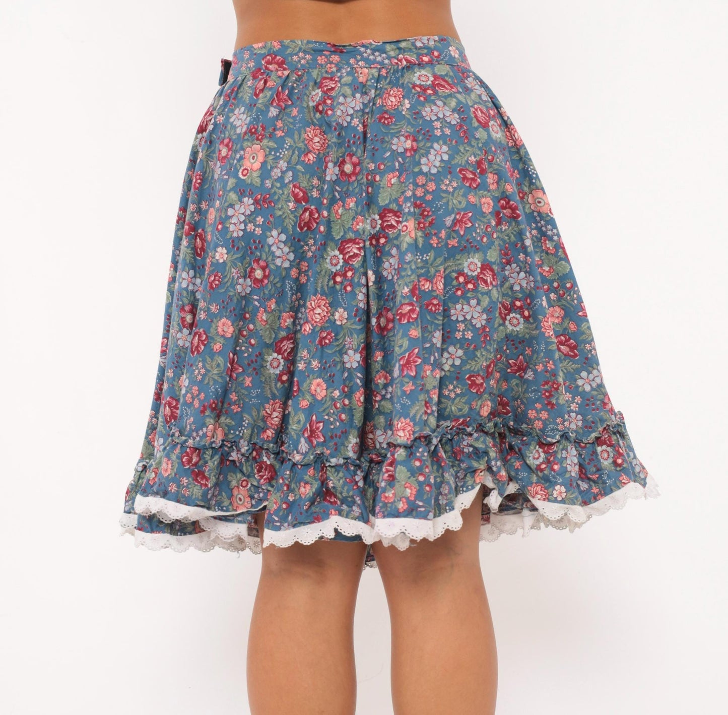 80s Dusty Blue Floral Circle Skirt Cotton Ruffled Lace Trim Small S