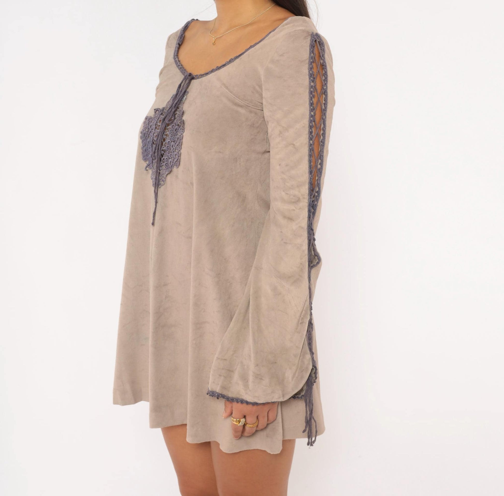 70s Grey Velour Mini Dress Purple Lace Cutout Bell Sleeve Extra Small XS