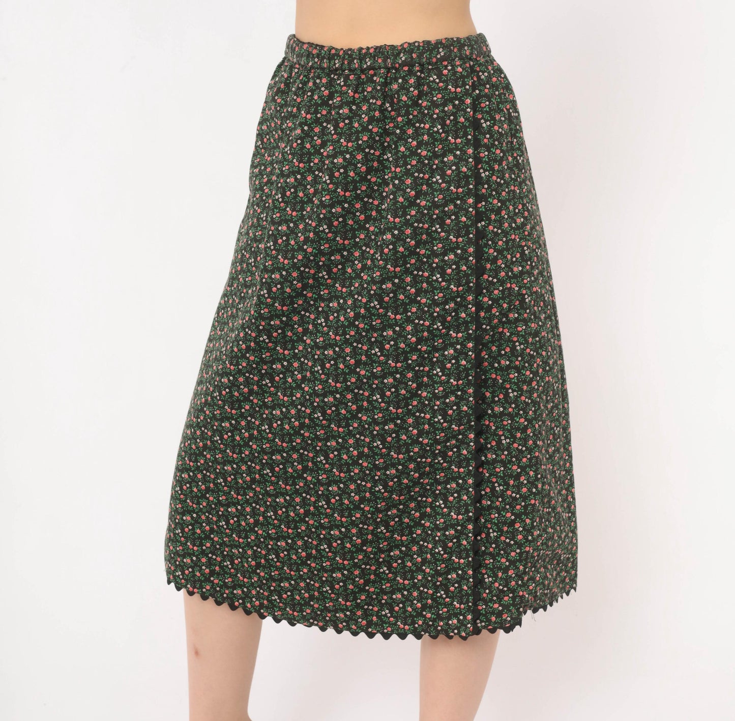 70s Black Floral Midi Skirt Tulip Pocket Patchwork A-Line Small