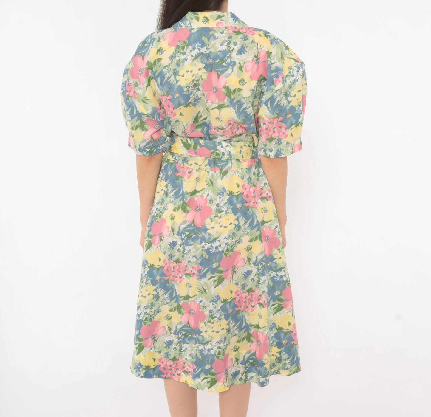 80s Cabrais Floral Midi Shirtdress Puff Sleeve Belted Pink Garden Medium