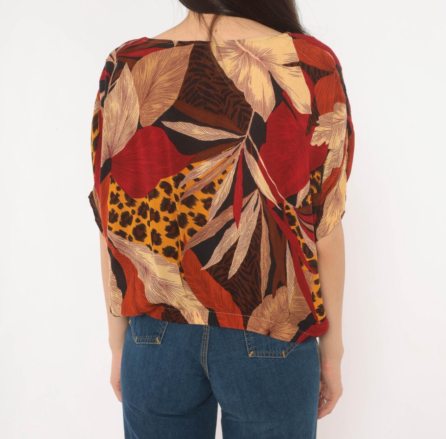 90s Options Melrose Tropical Leopard Button Blouse Tie Front Large L
