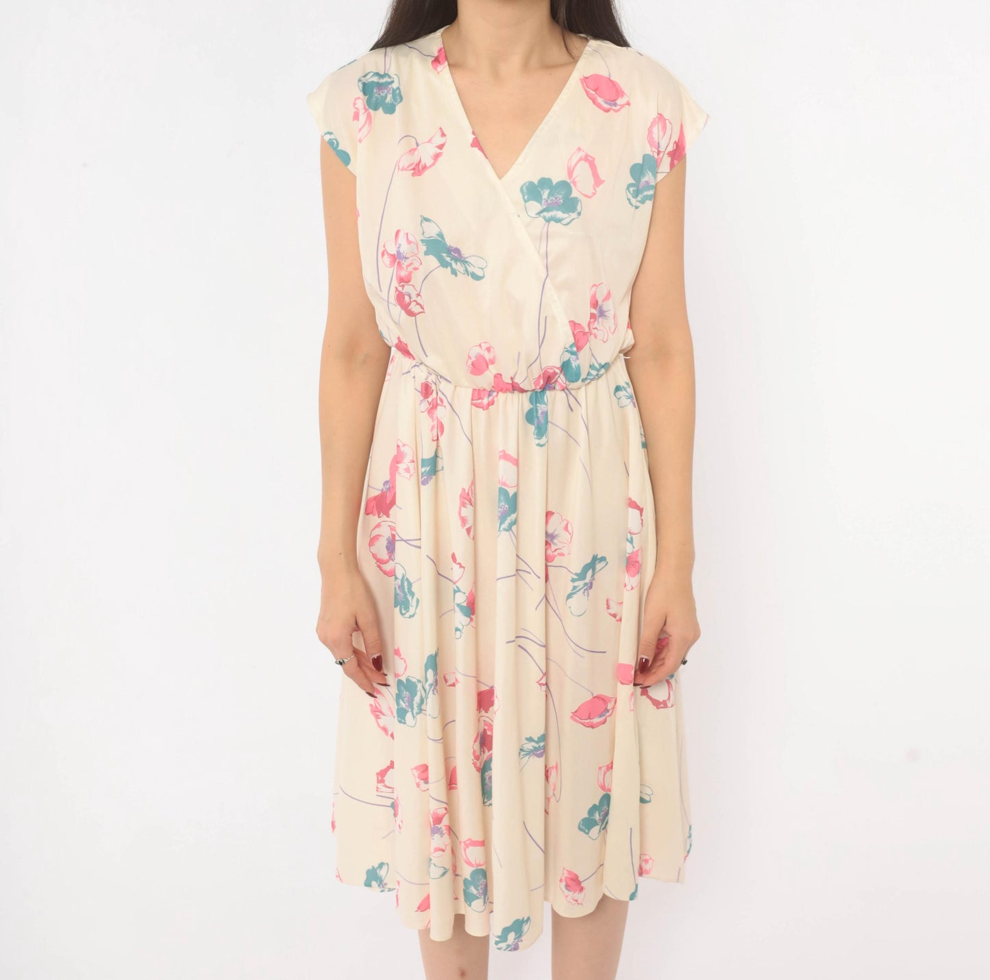 80s Floral Wrap Dress Cream Pink Teal Cap Sleeve Knee Length Medium