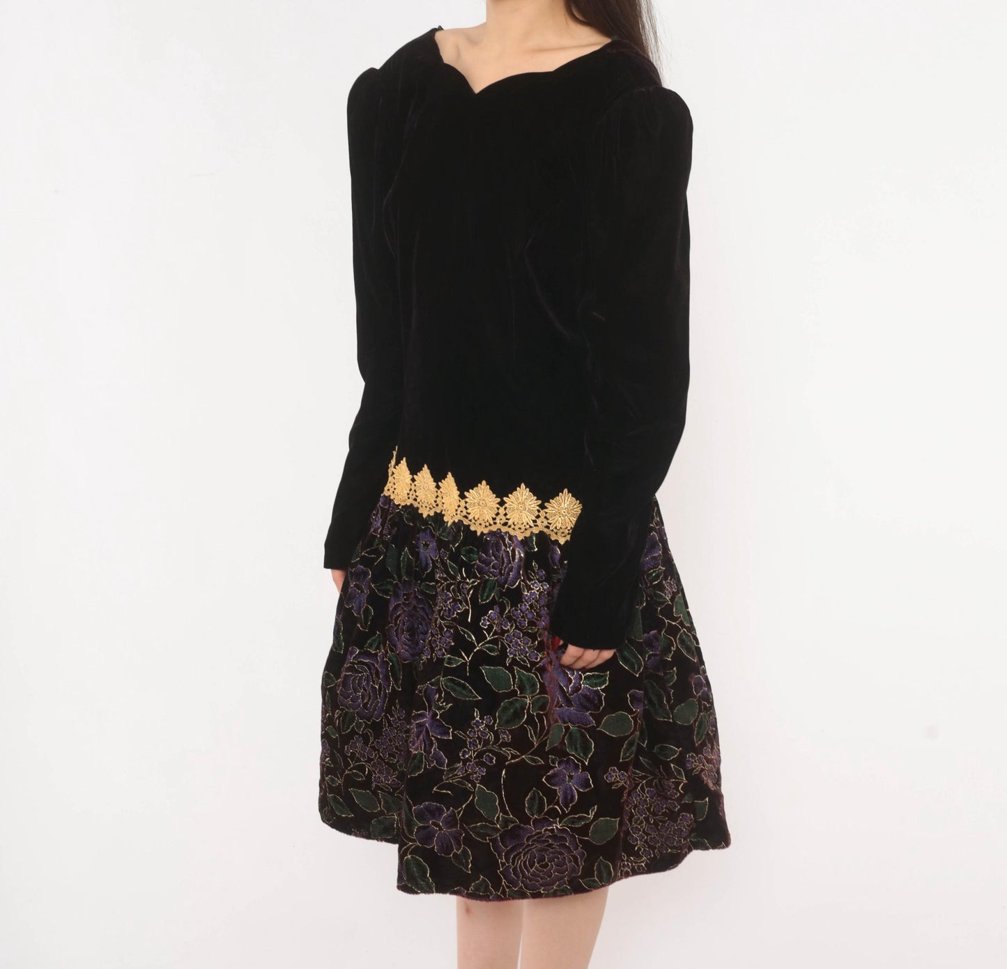 90s Scott Mcclintock Black Velvet Drop Waist Dress Purple Floral Open Back Large