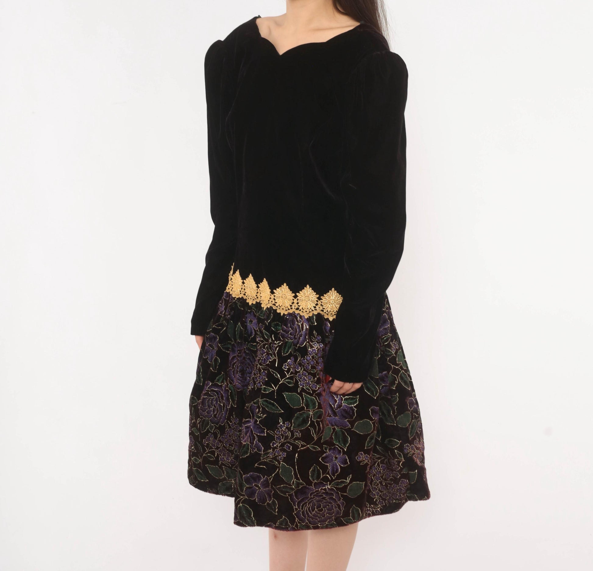 90s Scott Mcclintock Black Velvet Drop Waist Dress Purple Floral Open Back Large