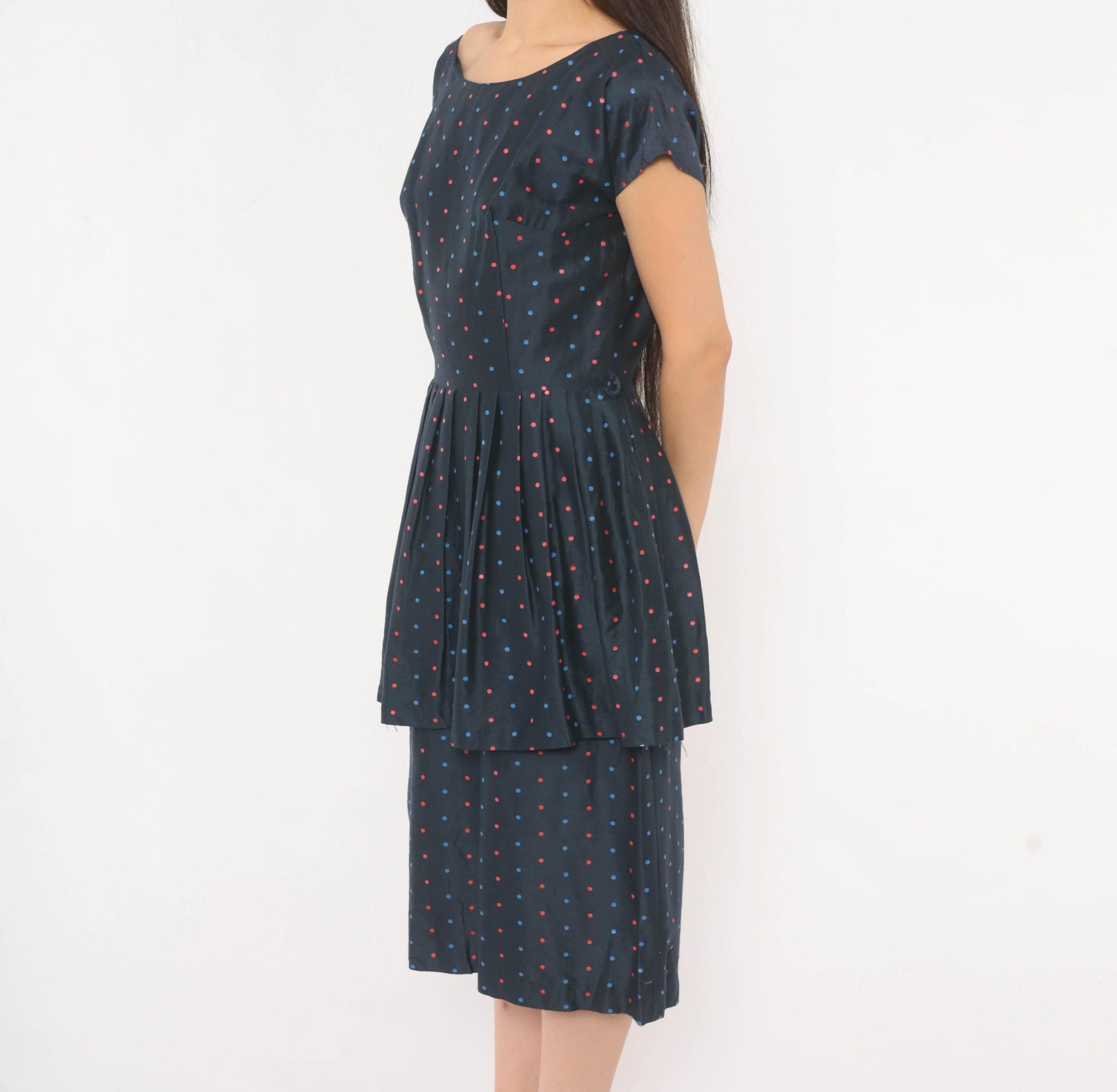 60s Navy Polka Dot Peplum Dress Red Blue Cap Sleeve Fitted Waist Medium M